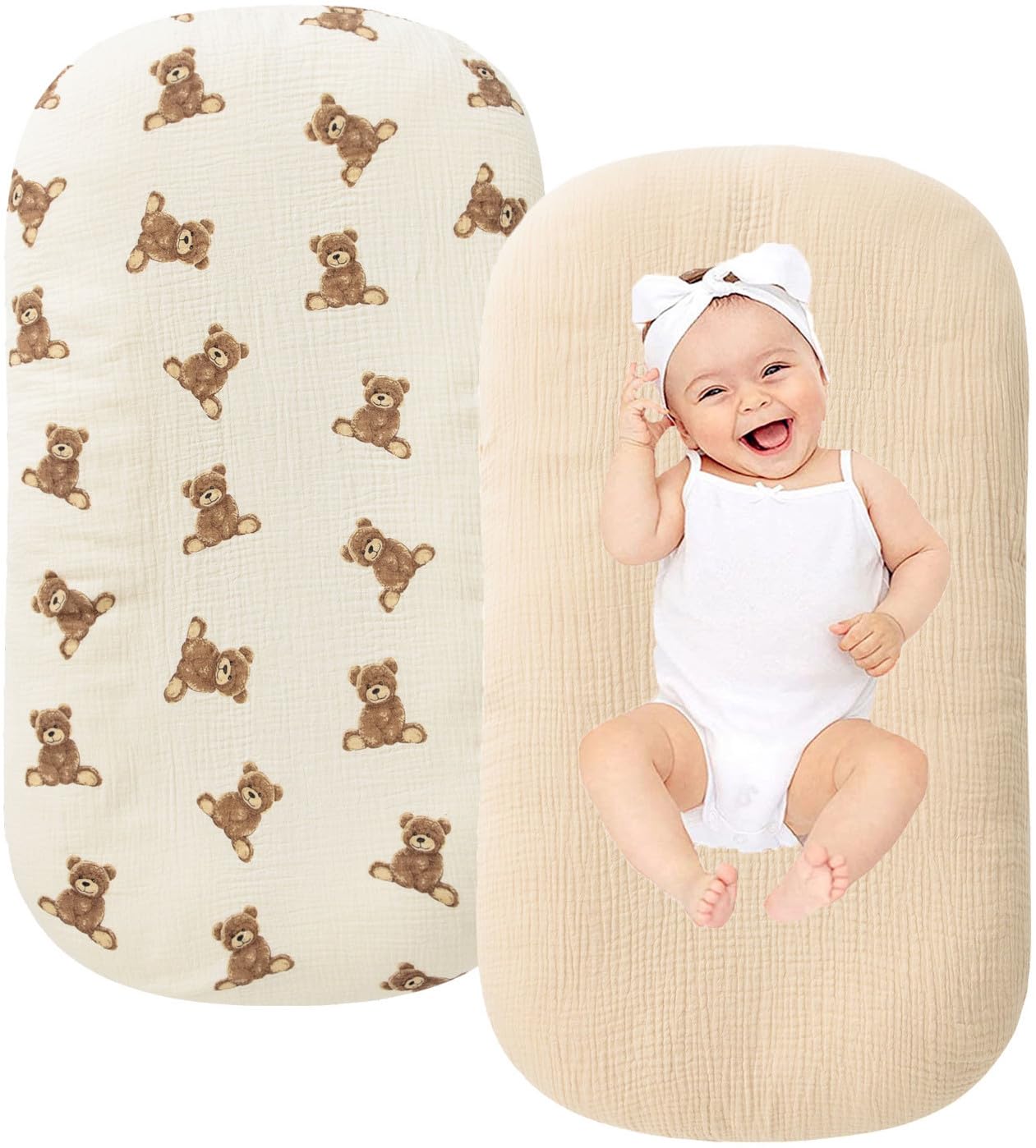 Little Jump Organic Cotton Muslin Baby Lounger Covers, 2 Pack, Soft Removable Slipcovers for Newborn Infant Lounger, for Girls Boys, Coffee Checkered (Teddey Bears & Kakhi)