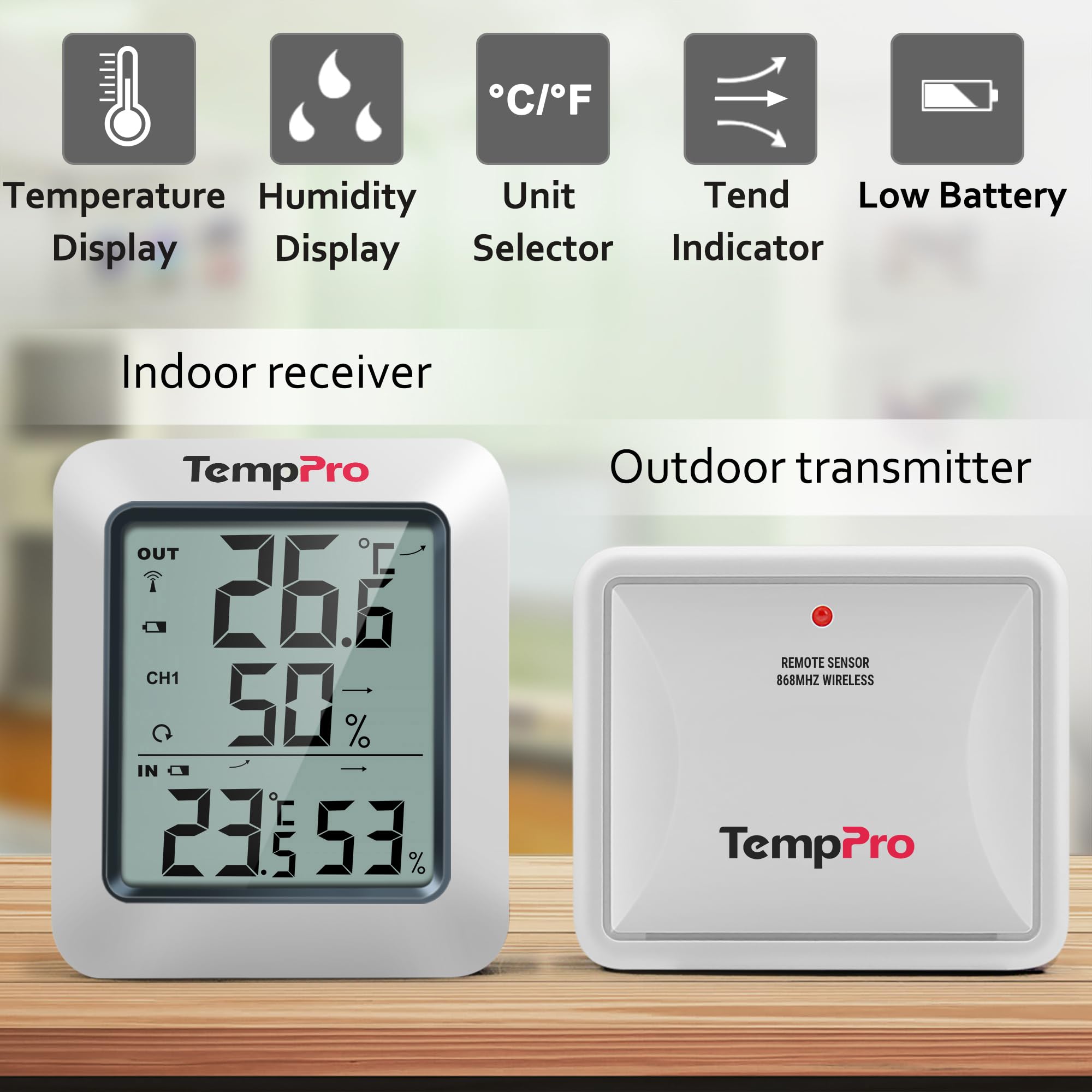 ThermoPro Radiowy termohigrometr, higrometr, monitor klimatyzacji, stacja pogodowa z radiowym czujnikiem zewnętrznym, zasięg do 150 m, 3 sztuki