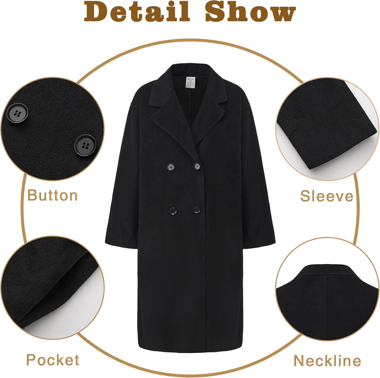 Darkyazi Womens Winter Coat Long Wool Pea Coat Double Breasted Coat Classic Notched Lapel Jackets Trench Coat Outwear