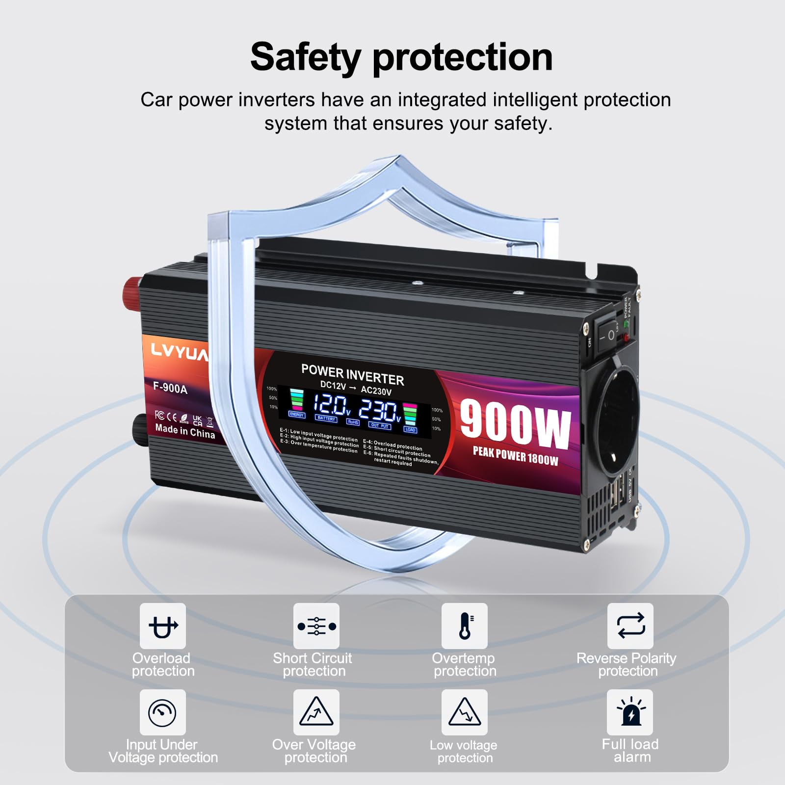 LVYUAN Inversor 12V 220V 230V 900W Transformador Convertidor de tensión con enchufes UE, 2 USB, Pinza cocodrilo, Encendedor de Cigarrillos y Pantalla LCD Inversor Pico 1800W
