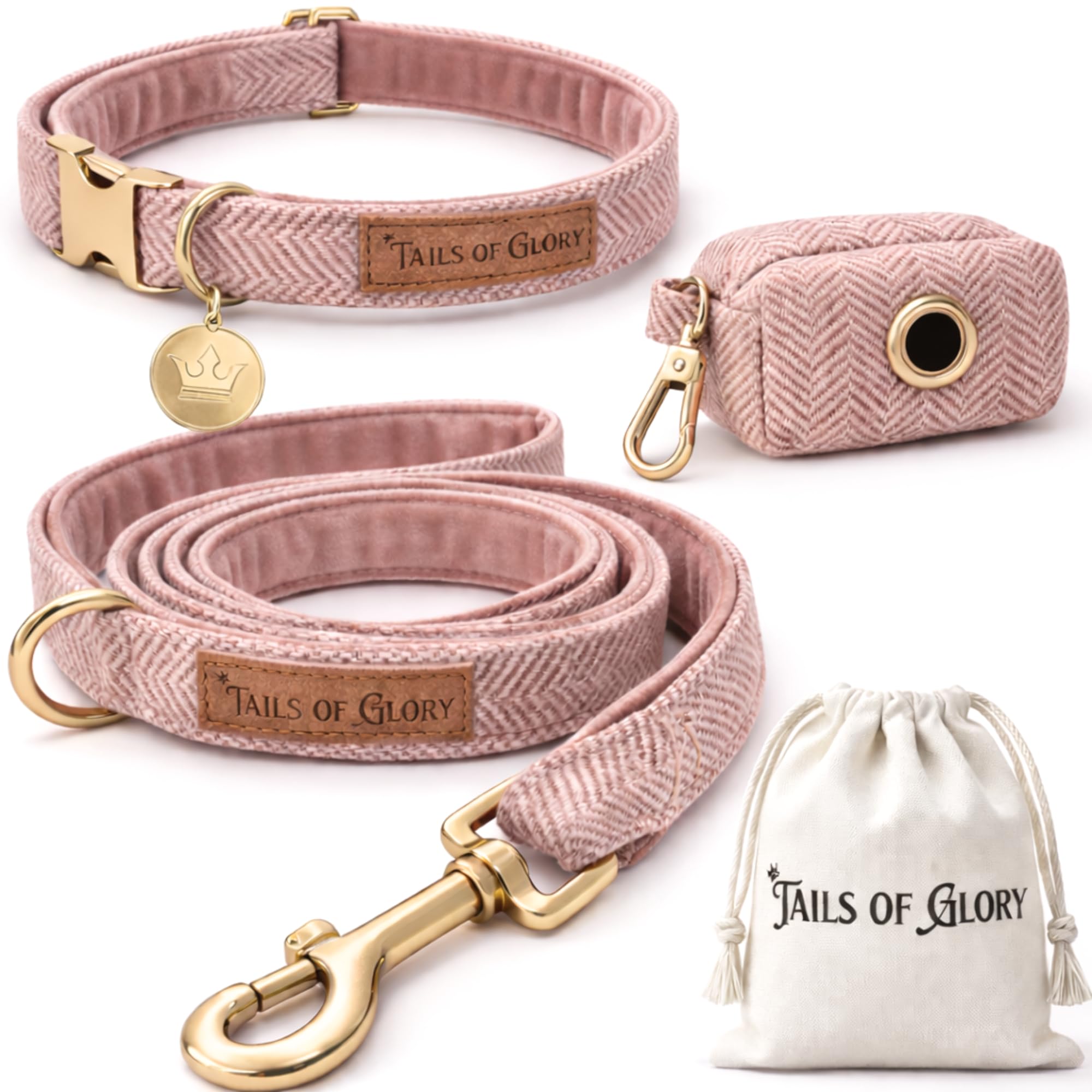 Luxury 3-Piece Small Pink Dog Lead Set – Adjustable Collar, 150 cm Leash, Poo Bag Holder – English Tweed & Soft Velvet – Puppy Collar and Lead Sets Elegant, Comfortable & Practical