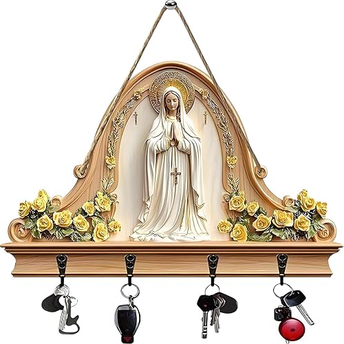 2D Flat Virgin Mary Praying Wall Art Keychain Holder, Rustic