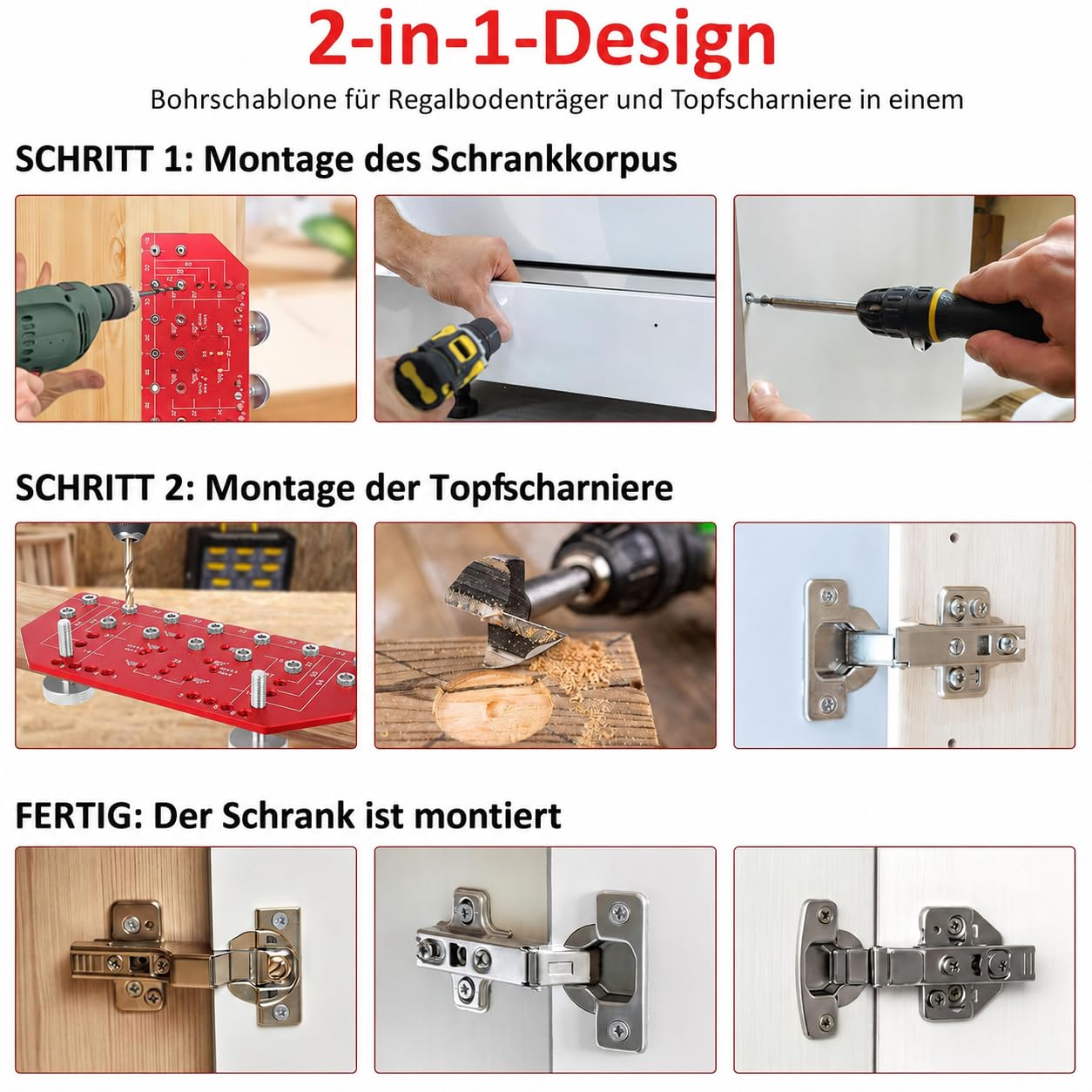 2-in-1 Topfband-Bohrschablone für 35 mm Scharniere & 32 mm Lochreihe | Möbel-Bohrlehre aus Aluminium für präzise Bohrungen an Schranktüren, Topfscharnieren, Lochreihen & Möbelmontage