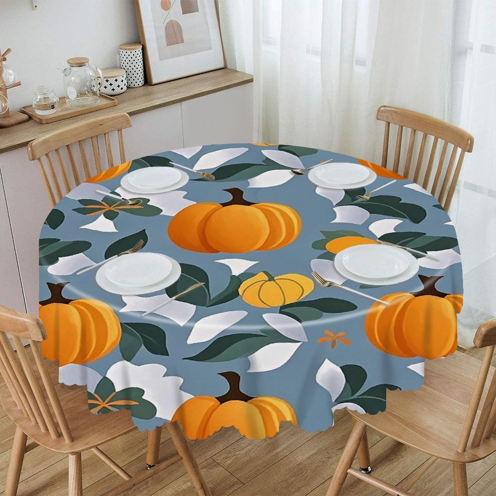 VstaDank Orange Pumpkin Pattern Round Tablecloth Wipeable Round Polyester Tablecloth Waterproof Wrinkle Free Indoor and Outdoor Table Cover 60 Inch Decorative Farmhouse Table Cloth for Dining