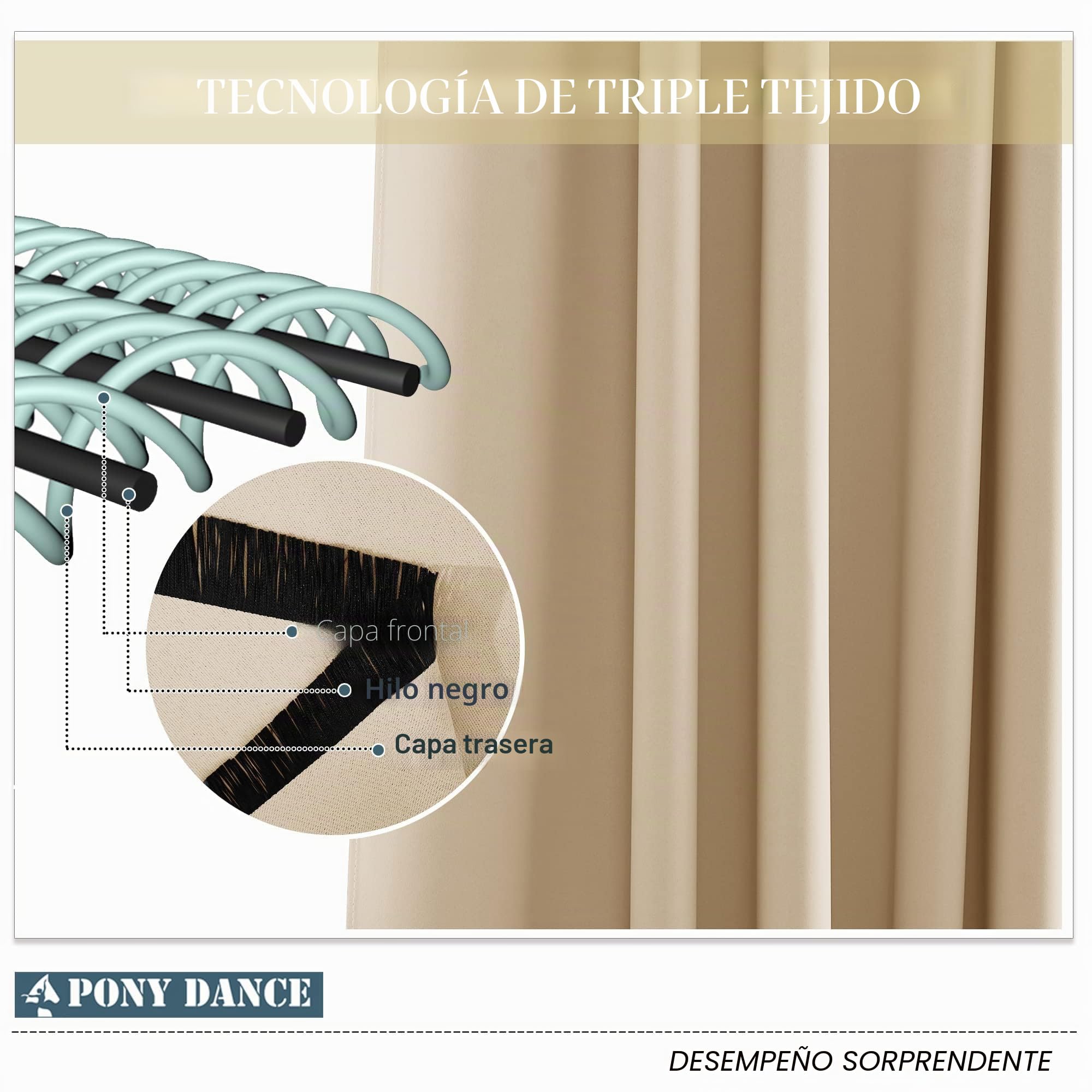 PONY DANCE Cortinas Impermeable para Exterior Porche, Cortinas Opacas con Ojales para Jardin/Terraza/Pergolas, 2 Piezas, 132x243 cm, Beige Oscuro