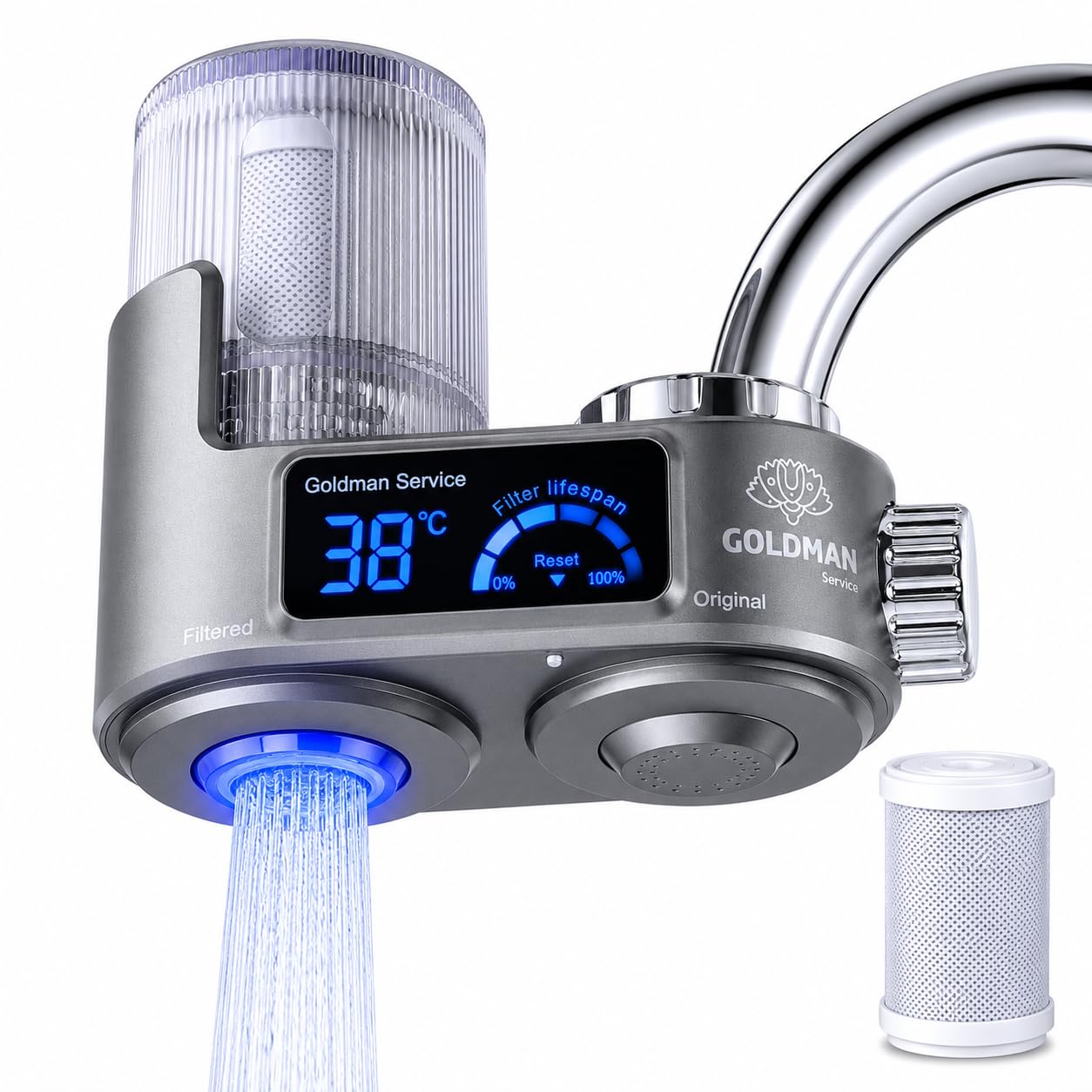 GOLDMAN SERVICE Filtro Purificador de Agua para Grifo con Pantalla Digital, Indicador de Temperatura en Tiempo Real, Filtro de Repuesto Incluido y 6 Adaptadores Universales