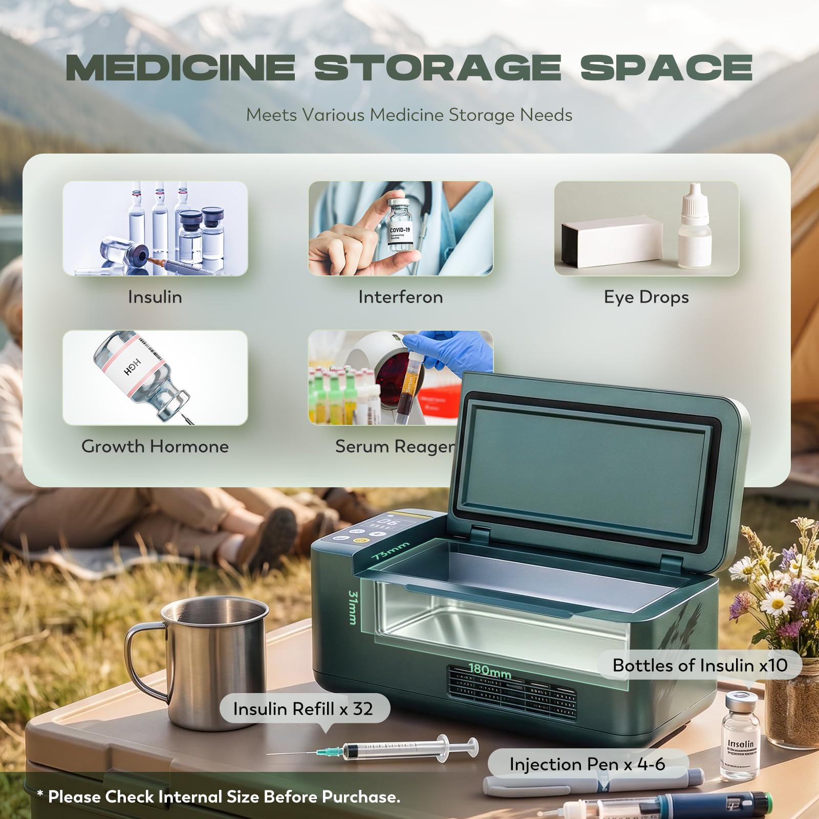 CGOLDENWALL Frigorifero Portatile per Insulina con 1 Batteria, 2‑20℃ Regolabile, Frigo per Medicinali da Viaggio per Uso Domestico, in Auto e all'aperto (Verde)