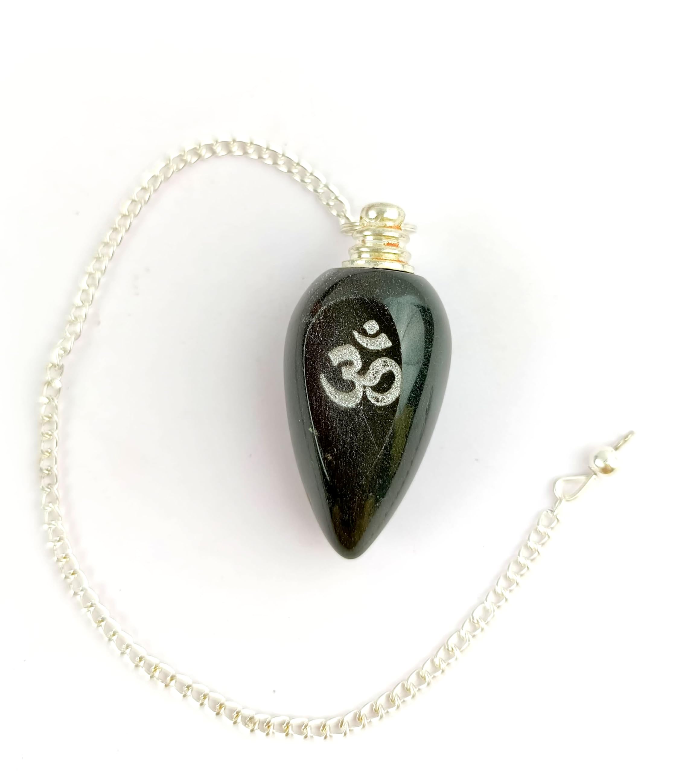 Jet Black Agate Om Drops Pendulum - Handcrafted Antique India, Aum "ॐ" Cone Carved for Top Reiki, Dowsing, Metal Detection, and Research (Oil, Water, Gold, Silver, Copper)