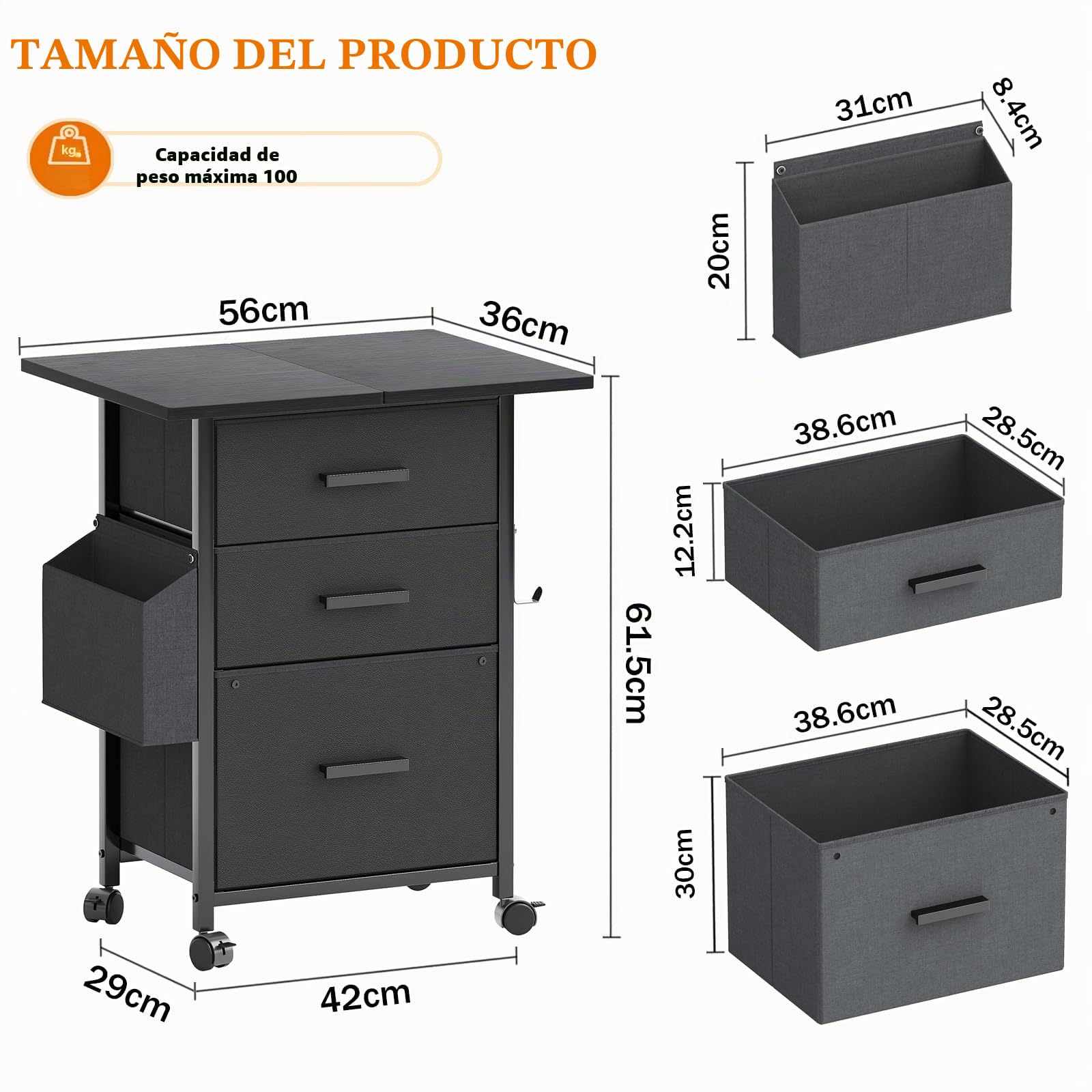 CAIYUN Archivador con Ruedas con 3 cajones y Ruedas para Documentos A4, tamaño Carta, Soporte para Impresora con un Ancho de 56 cm, diseño Industrial, Color Negro