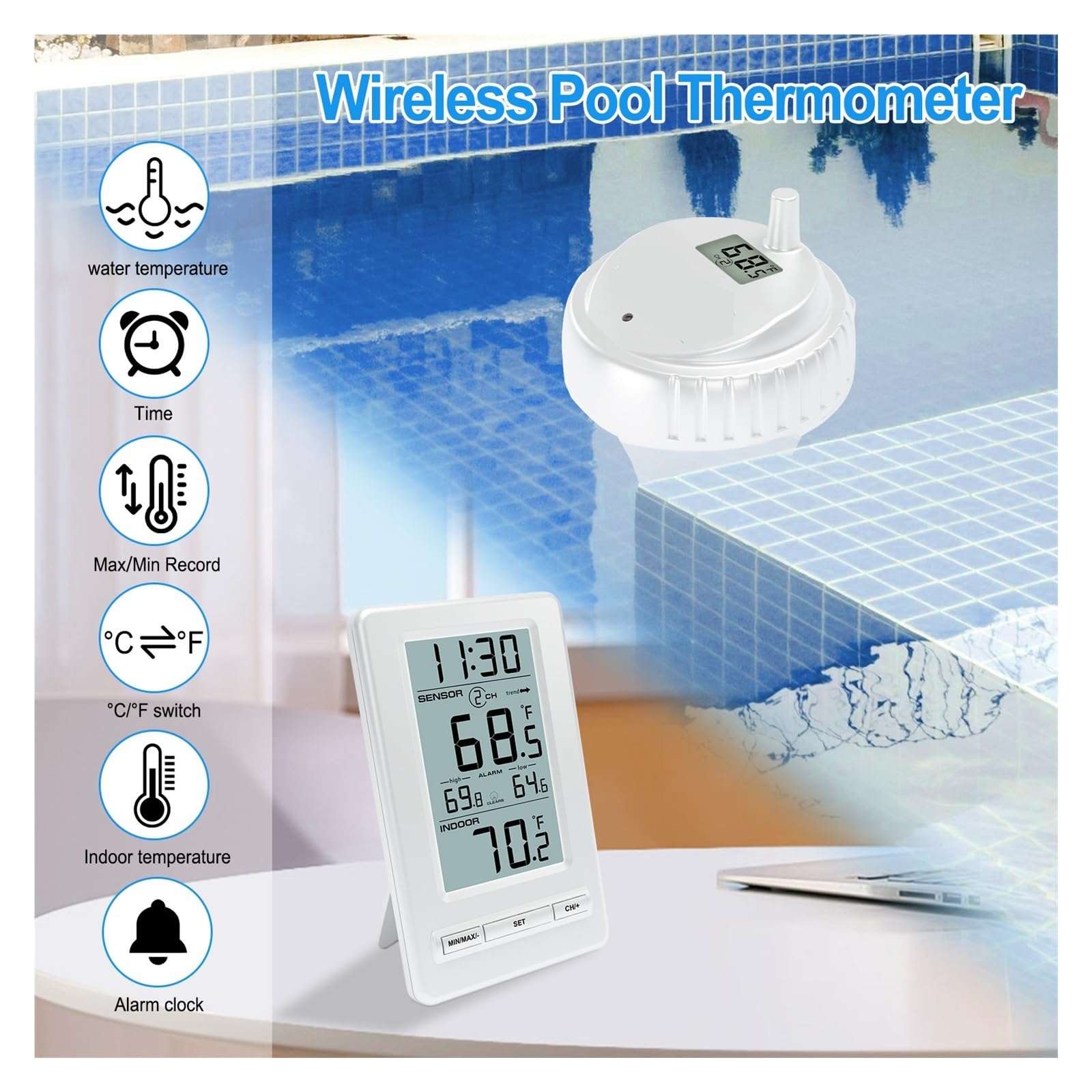 TermóMetro De Piscina Termómetro Inalámbrico For Piscina IPX8, Resistente Al Agua, con Pantalla LCD, De -40 °F A 140 °F, Termómetro Digital For Piscinas, Jacuzzis Y Spas. FáCil De Usar