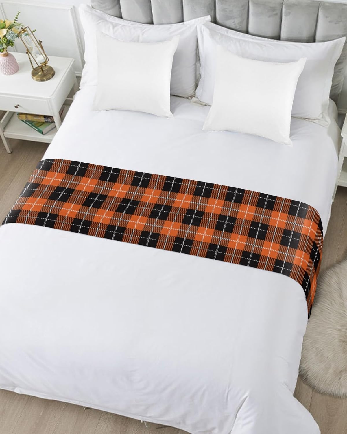 Smile Sunflower Thanksgiving Bed Runner Scarf Thanksgiving Orange Black Plaid Bedding Scarf Decorative Bed Runners Cover for Home Bedroom Hotel Wedding Room Bed Scarf for Foot of Bed Full 83x20in