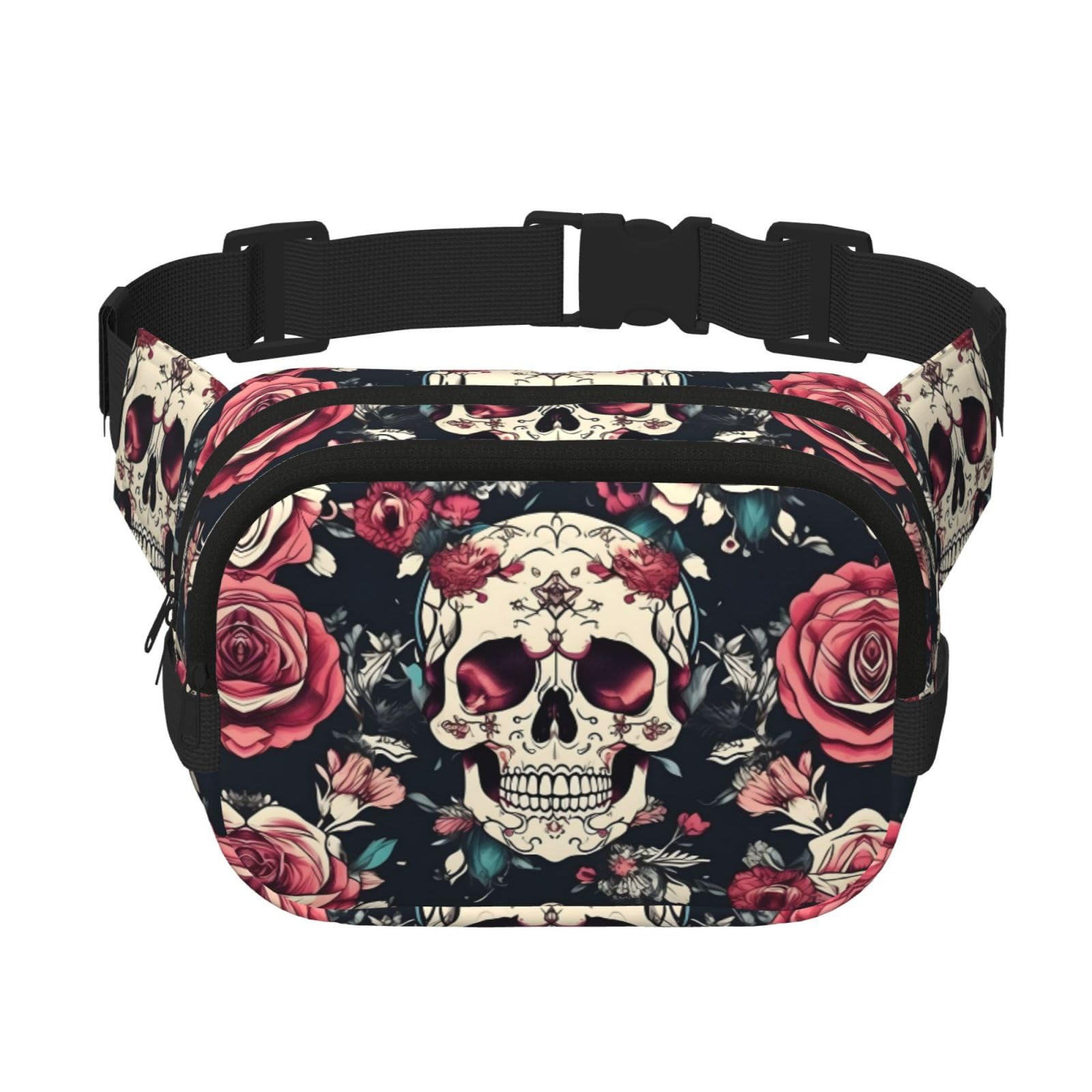 Kwiaty, czaszka, ozdobny, zamek błyskawiczny, saszetka, torby crossbody z regulowanym paskiem do joggingu, jazdy na rowerze, Czarny, Jeden rozmiar