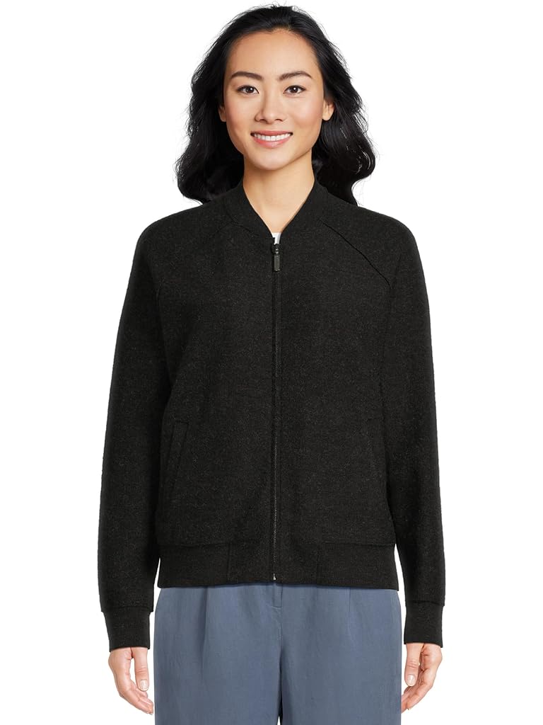Black Eileen Fisher Lightweight Boiled Wool Stand Collar Jacket With Pockets