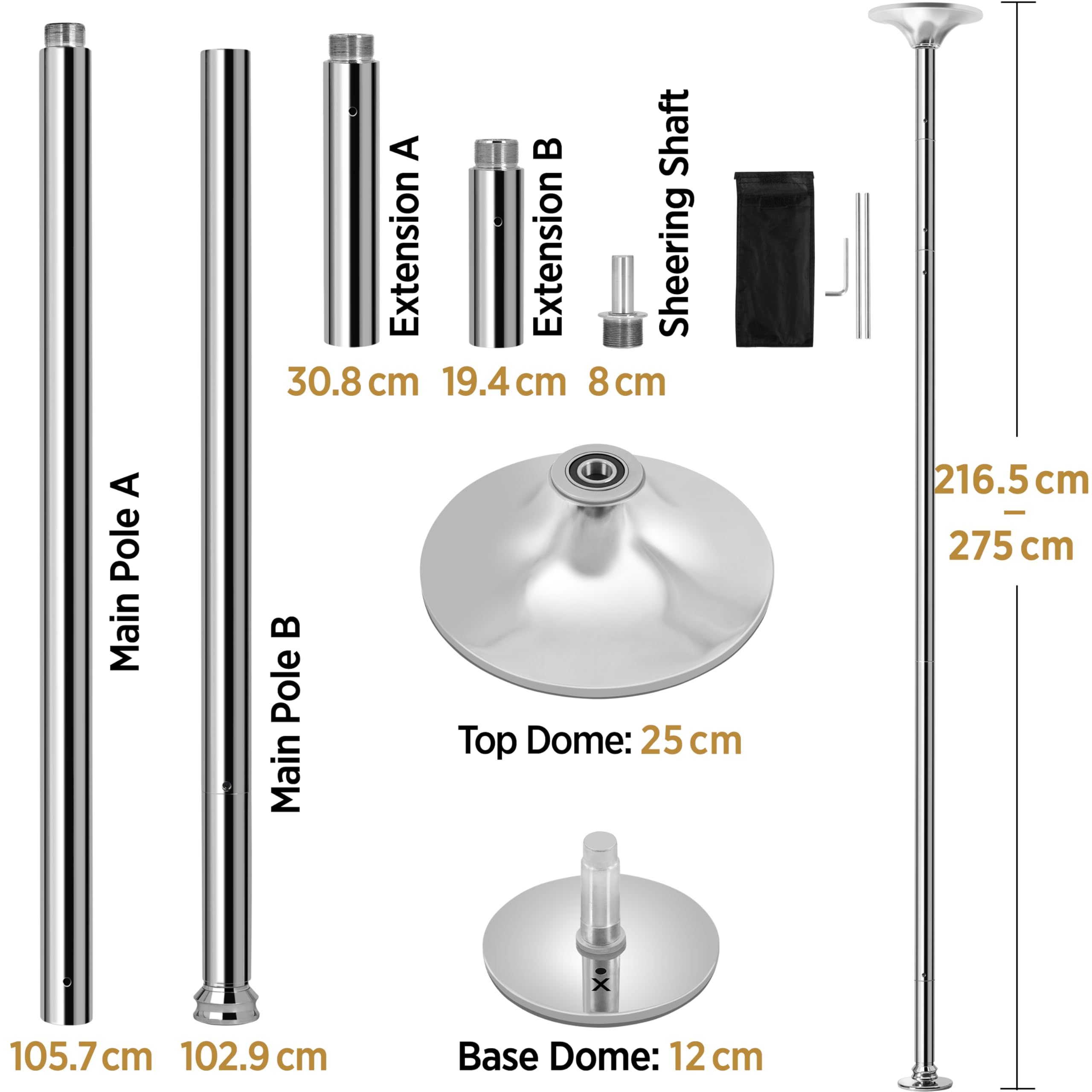 Palo da Pole Altezza Regolabile 216,5 cm - 275 cm 45 mm Ø Rimovibile Palo da Ballo modalità Statica e Spinning Carico Massimo 227 kg