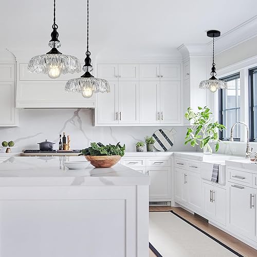 Miniatura 7 de CVKASH Vintage Glass Pendant Light Fixture Black Modern Adjustable Chandelier Hanging Light for Farmhouse Dining Room Kitchen Bedroom Hallway Island