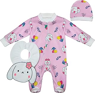 بيبي شورا سالوبيت بكباسين باكمام طويلة مع قبعة وبافتة باشكال مطبوعة واكمام طويلة للبنات (عبوة من قطعة واحدة)