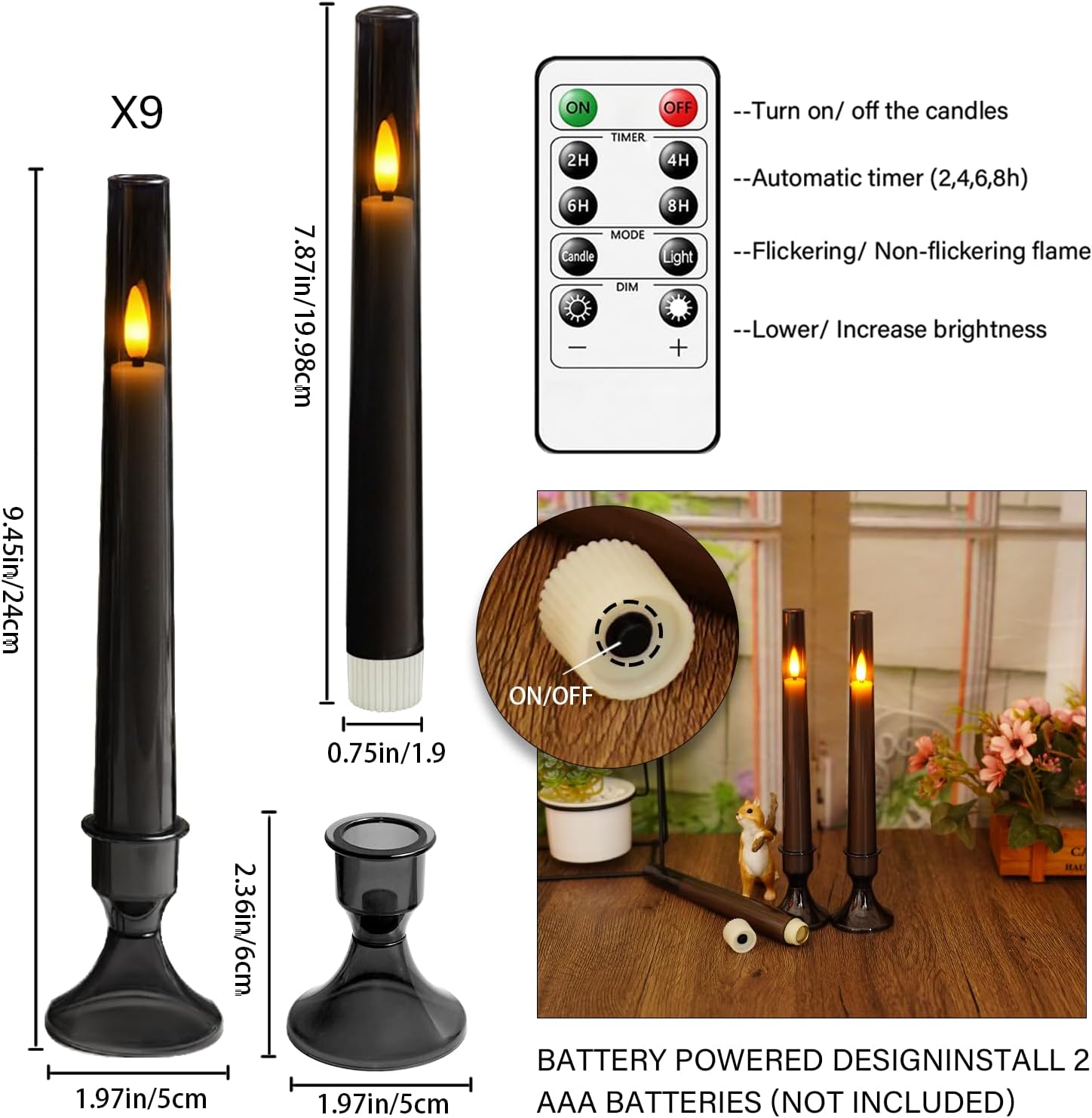 Flameless Taper Candles Flickering with Remote and Timer, 9 Pack Led and Battery Operated Candles for Home Decoration, Party, Weddings, and Holiday Celebrations（Grey）