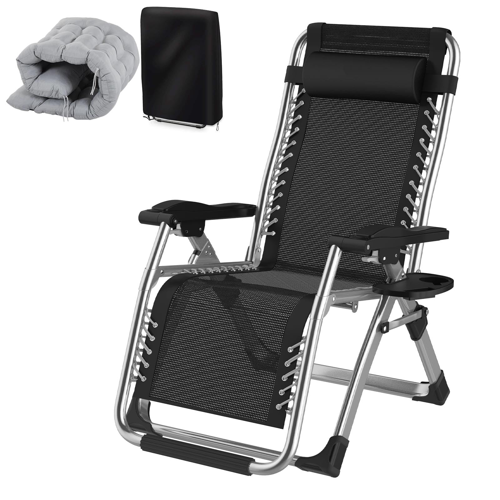 Fiutazge Tumbonas Jardin Exterior,Tumbona Plegable con Acolchado,Reposacabezas ExtraíBle, Portavasos, Respaldo Ajustable,Silla Reclinable para Patio, JardíN, Playa, Piscina,Máxima 240Kg -Gris