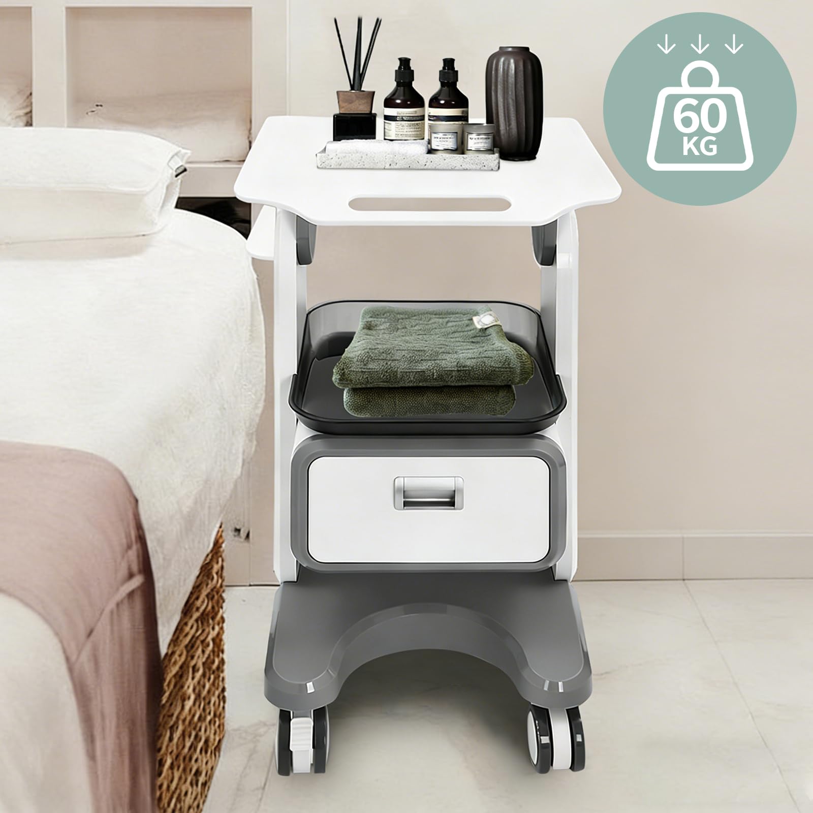 Carrelli da laboratorio a 2 livelli, carrello medico con 1 cassetto, 1 vassoio superiore e 4 ruote silenziose, carrello medico mobile con materiale ABS per laboratorio, clinica, ospedale, bianco