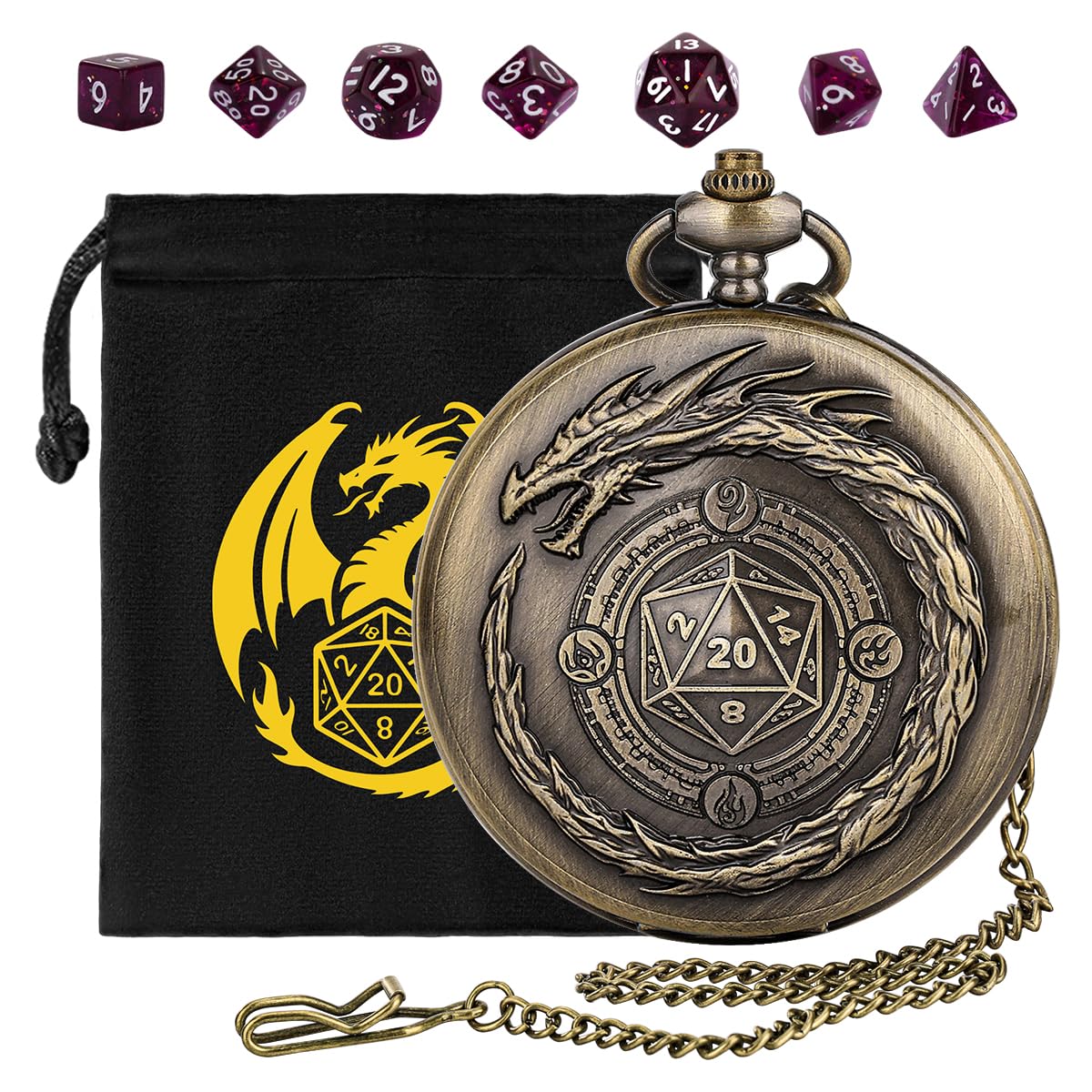 Mini DND Dice Set, 7pcs Polyhedral Acrylic Dice Set, with Steampunk Dragon Large Pocket Watch Case, DND Starter Set, DND Gift Bag with Dragon Logo, Role Play Board Game Accessories, Bronze + Purple โ image 1