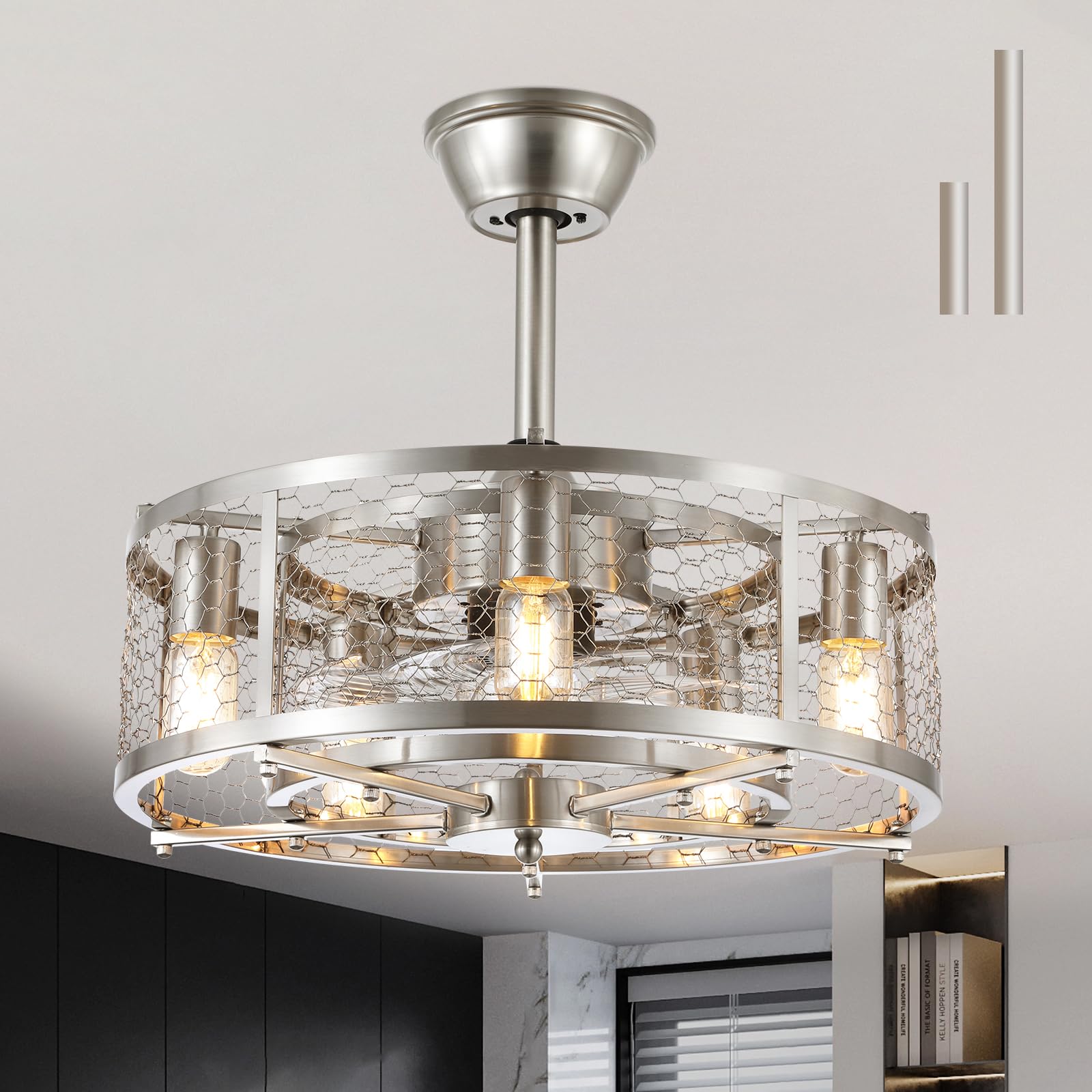 Photo 1 of 20'' Caged Ceiling Fan with Lights Remote Control, Small Farmhouse Ceiling Fan with Light, Black Rustic Bladeless Ceiling Fan for Bedroom Kitchen (Bulbs Included) 20" Sand nickel