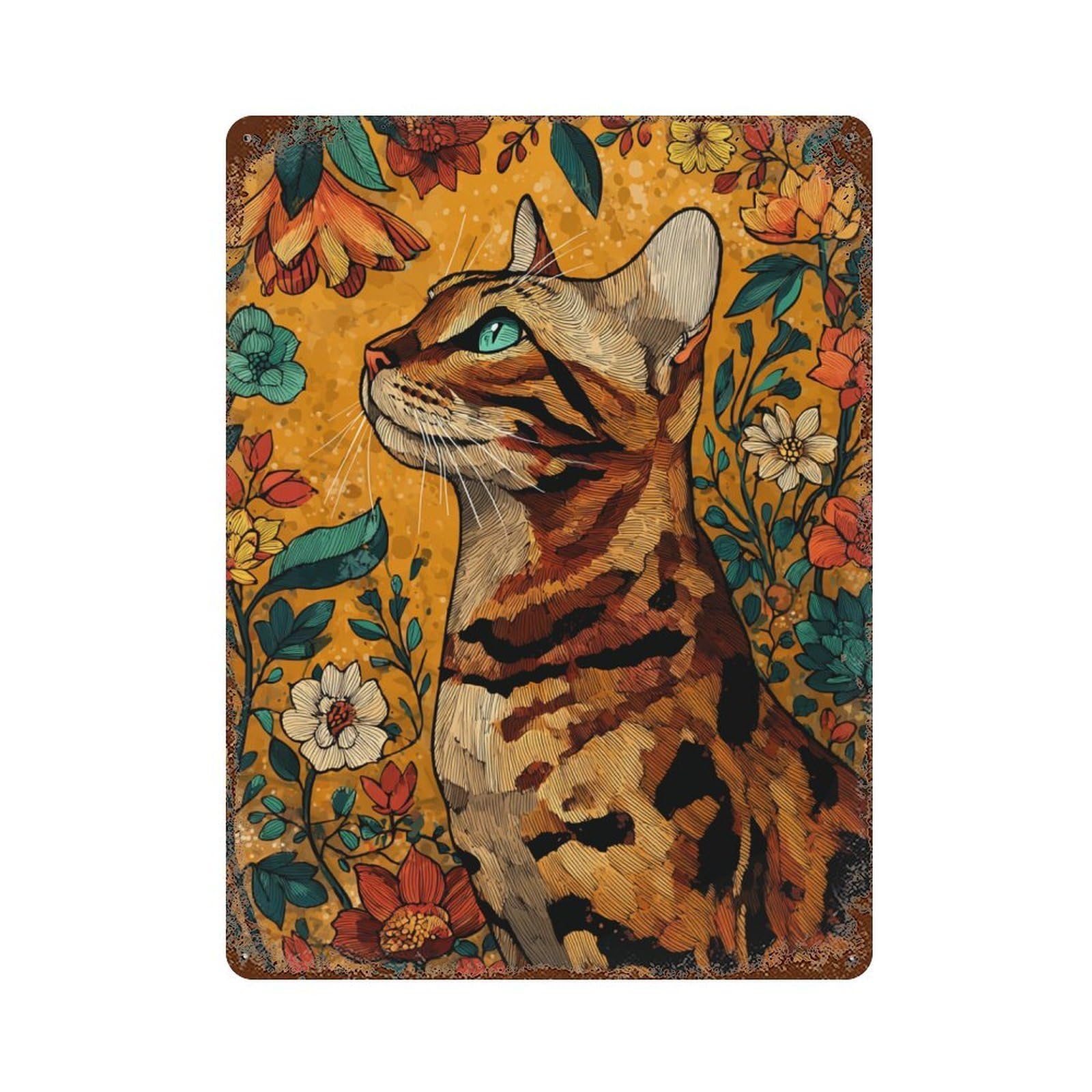 Garage Style Floral Cat Illustration Aged Metal Wall Plaque 15.7"x11.8", Novelty Wall Decor for Bar And Workshop