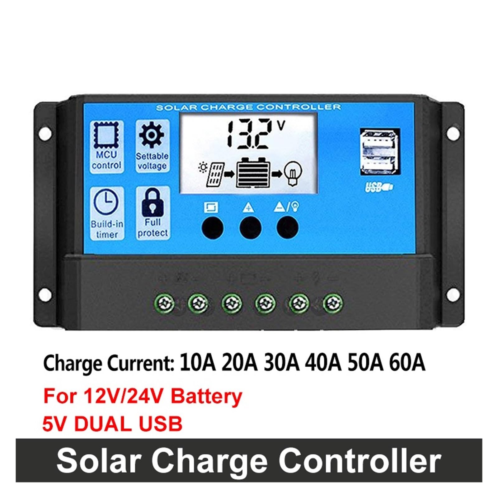 Regolatore Di Carica Solare PWM 60A 50A 40A 30A 20A 10A MPPT Automatico Batteria 12V/24V Con Doppio Schermo USB 5V E LCD(60A)