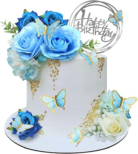 19 adornos para tartas de flores, decoración de pastel de feliz cumpleaños con rosas azules artificiales, mariposas de eucalipto para fiestas,