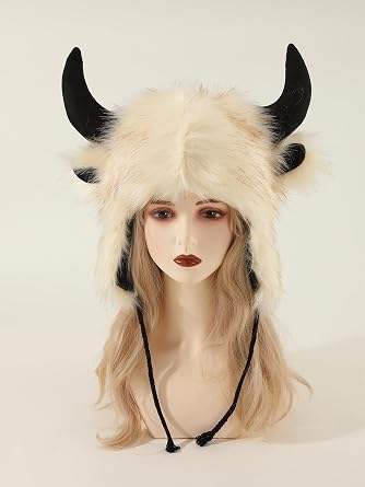 Plush Animal Fluffy Hat Faux Fur Head-Winter Warm Ear Moving Hats Fox Cat Dear Bull Horn Racoon Costume Adults A