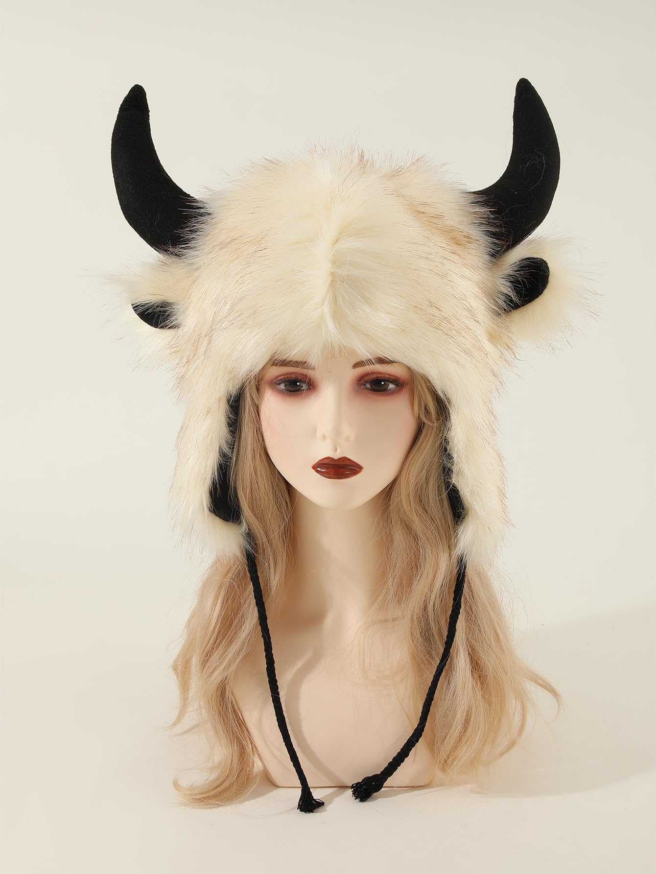 AFSN Plush Animal Fluffy Hat Faux Fur Head-Winter Warm Ear Moving Hats Fox Cat Dear Bull Horn Racoon Costume Adults (A)