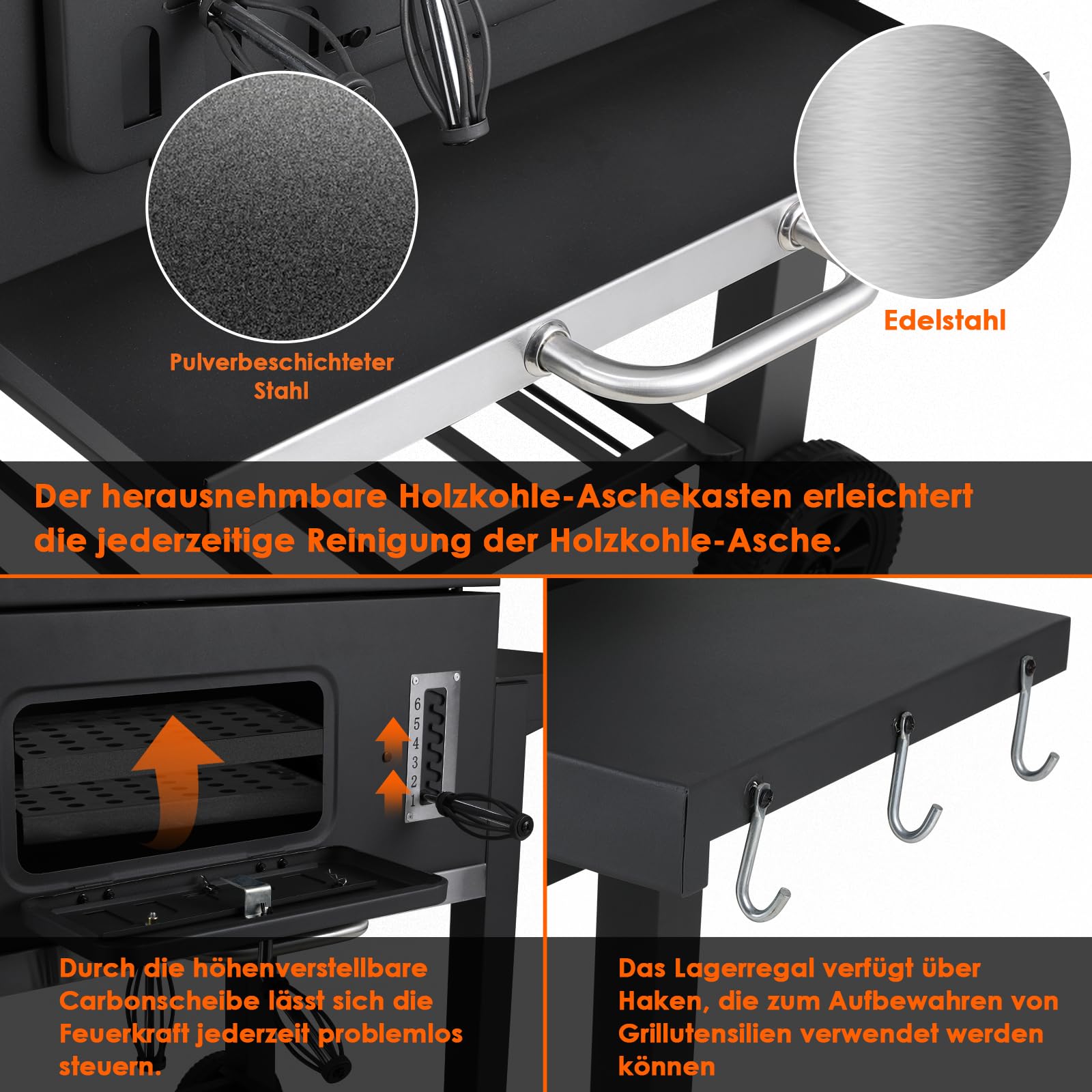 TLSUNNY Parrilla Barbacoa Carbon con Tapa, Barbacoas de Carbon XXL, Parrilla de Carbón Vegetal con Termómetro, Abrebotellas, Ruedas, BBQ Smoker en Jardín y Exteriores, Gran Capacidad, Portatil, Negro