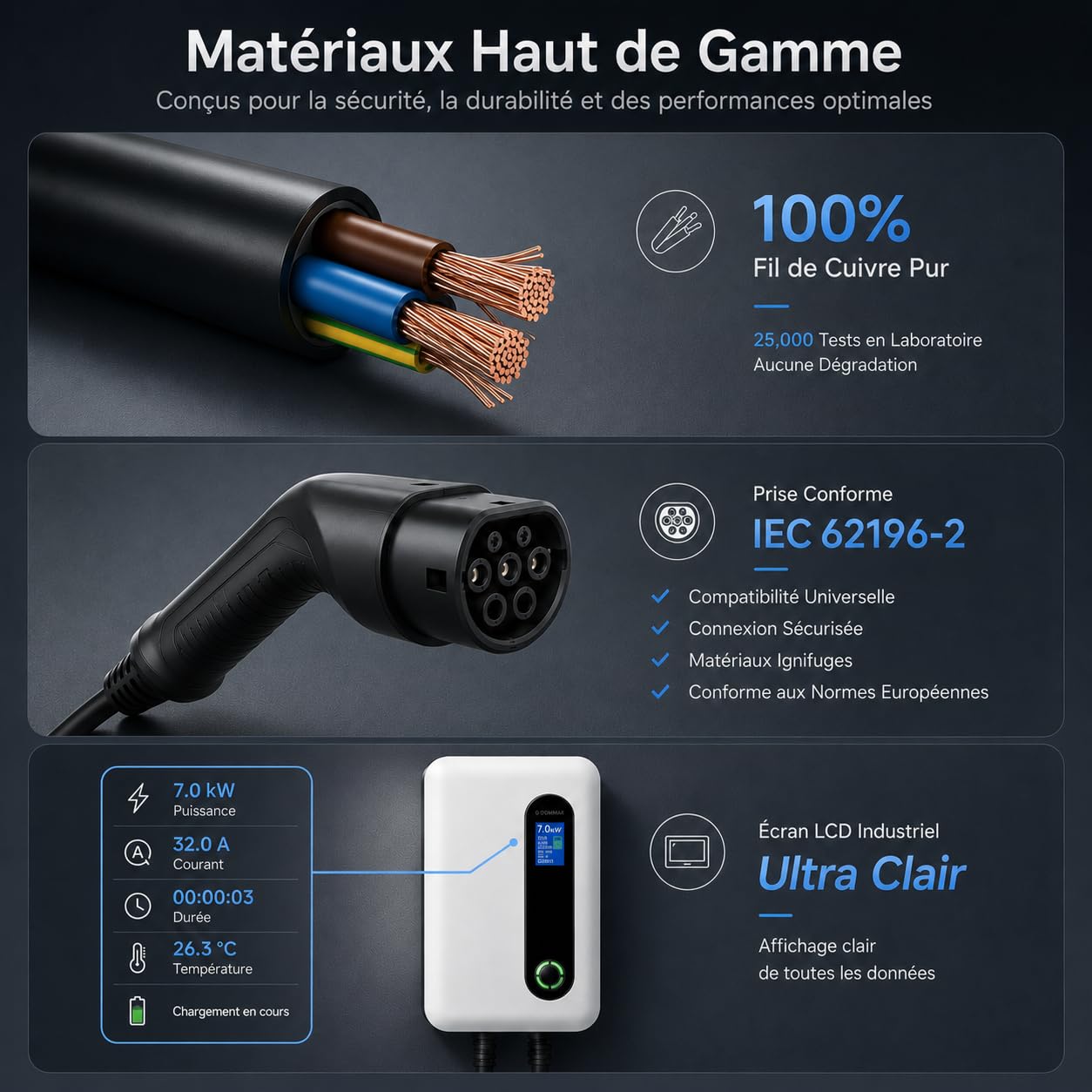 Borne de Recharge 7KW avec APP Contôle, Type 2 Chargeur Véhicule Électrique avec écran LCD[IEC 62196-2, 8-32A, 6+1m], Monophasé 32A Wallbox 7.2kW Compatible avec Tous Les EV