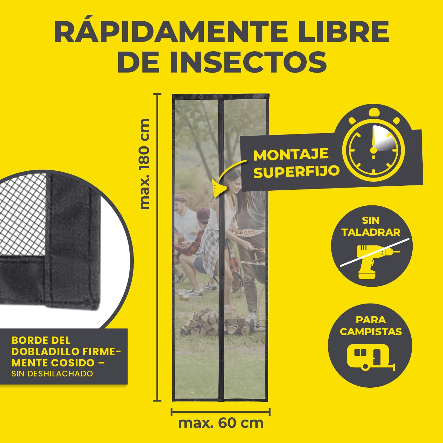 EASYmaxx Cortina mosquitera para caravana de 60 x 180 cm, mosquitera con cinta magnética XXL, puerta de protección contra insectos para caravanas, mosquitera magnética con cierre automático