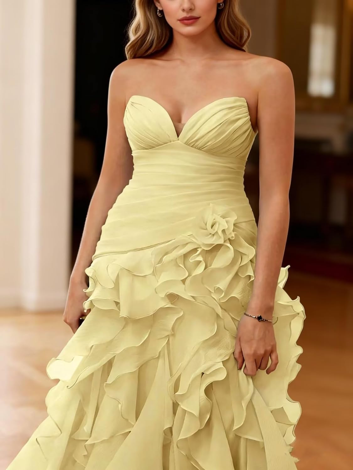 Strapless Ruffle Chiffon Evening Gown High Slit Sweetheart Neck Formal Prom Dress for Women