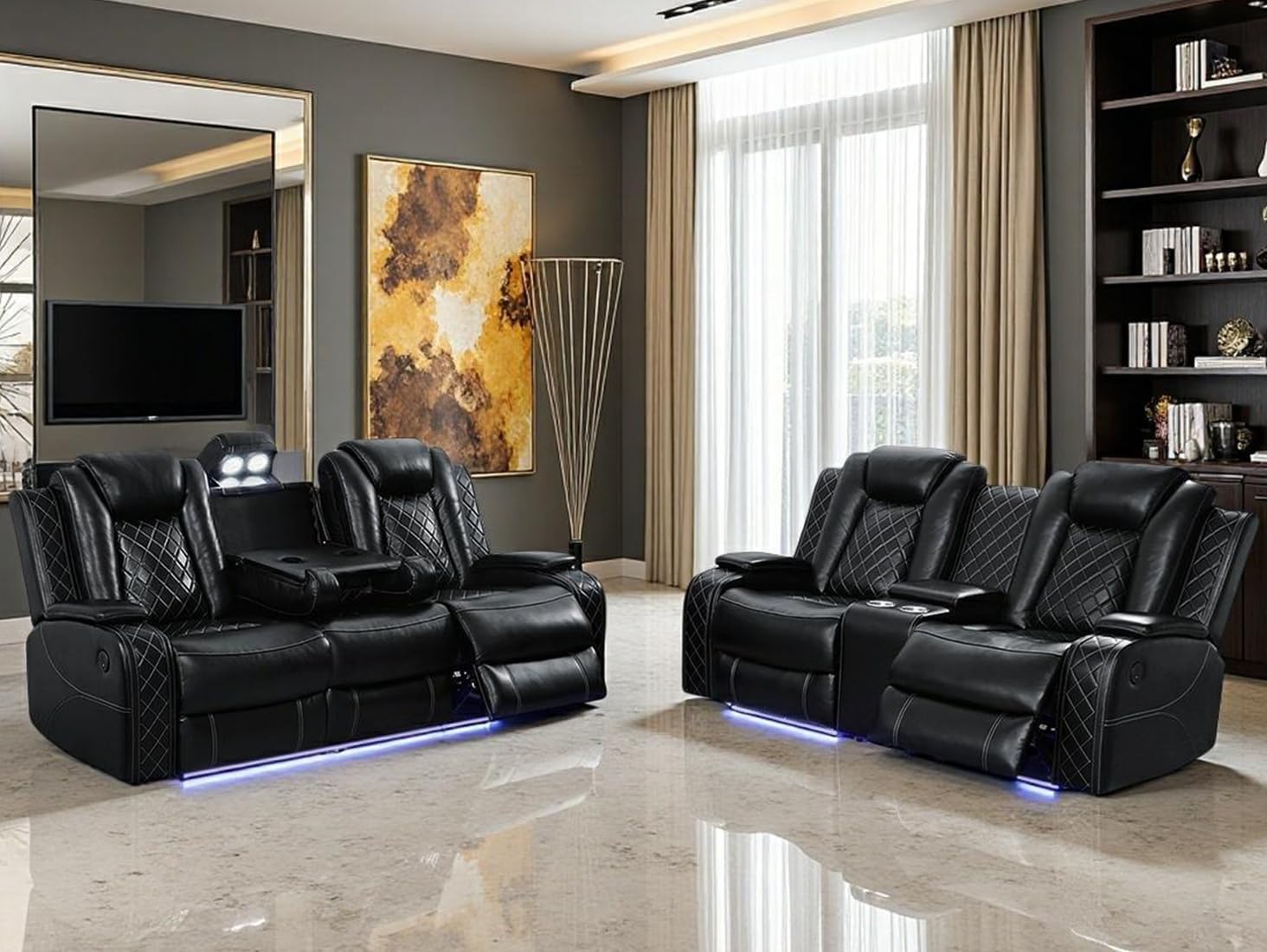 Living Room Furniture Sets with LED Light, Power Recliner Sofa Set,Leather Sectional Sofa and Loveseat Set, Modern Power Reclining Sets with Storage Console for House(Black)