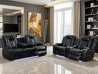 Vista 19 de Juego de Sofá Reclinable Eléctrico, Sofá Seccional de Cuero Negro de 3 Piezas, Juegos de Muebles de Sala de Estar con Luz LED, Juegos Reclinables