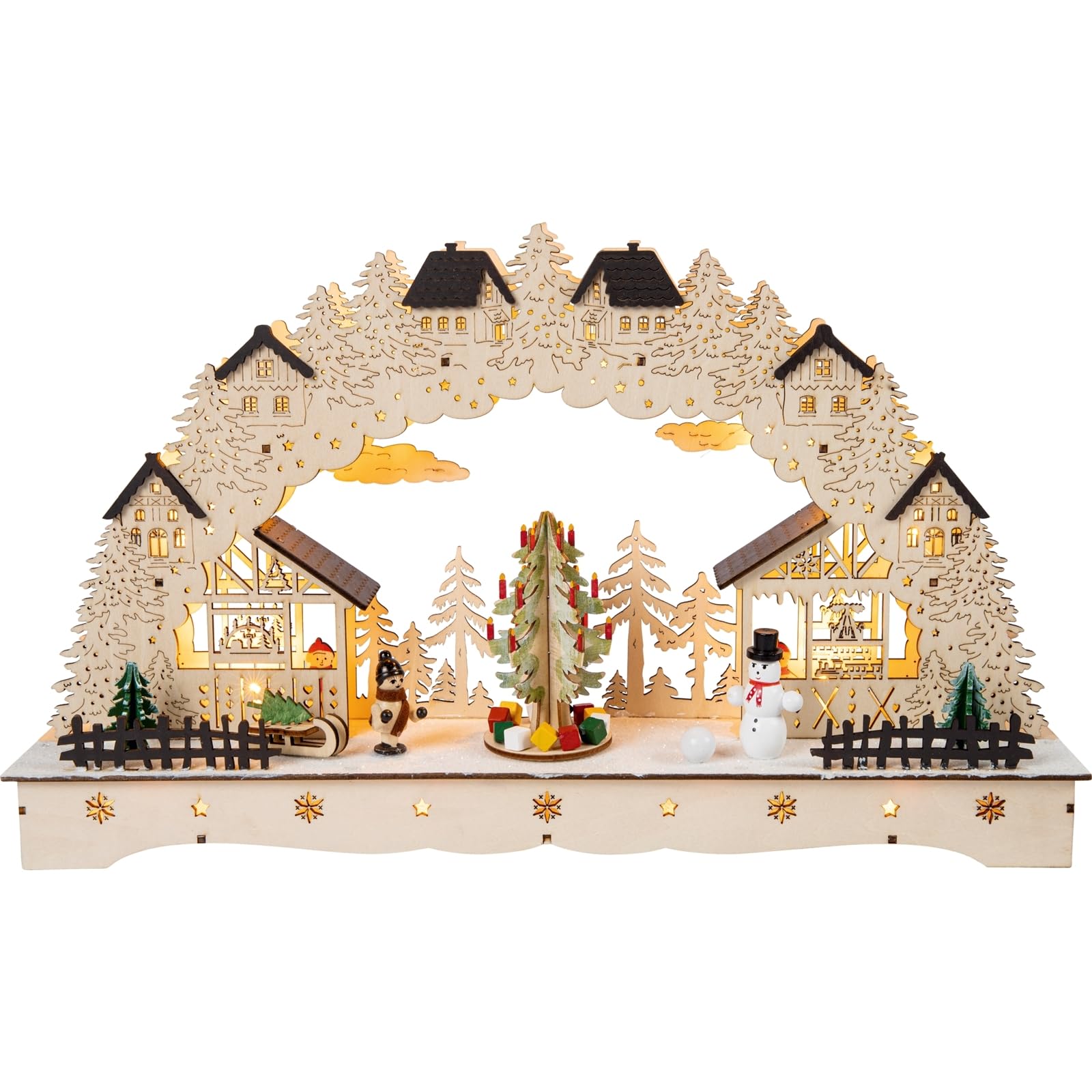 HGD LED Lichterbogen mit drehendem Weihnachtsbaum - Maße: 43 × 26 × 8 cm - Holz Schwibbogen mit LED-Beleuchtung - Batteriebetrieb oder Netzteil - Weihnachtsdeko - Fensterdekoration - Advent