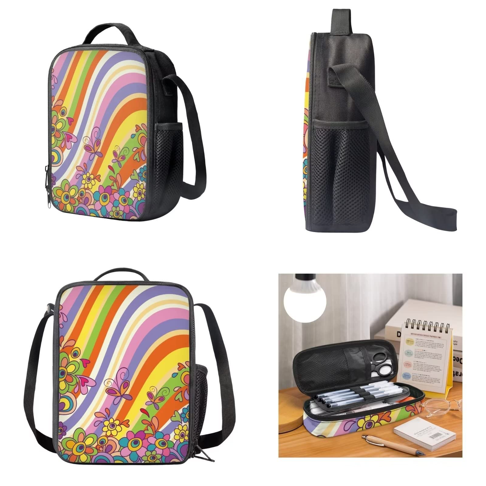 POLERO Mochila escolar de caballos para niños, juego de bolsas de almuerzo, estuche para lápices, 3 piezas, bolsas escolares, Flores de mariposa de rayas coloridas, Talla única, Mochila infantil