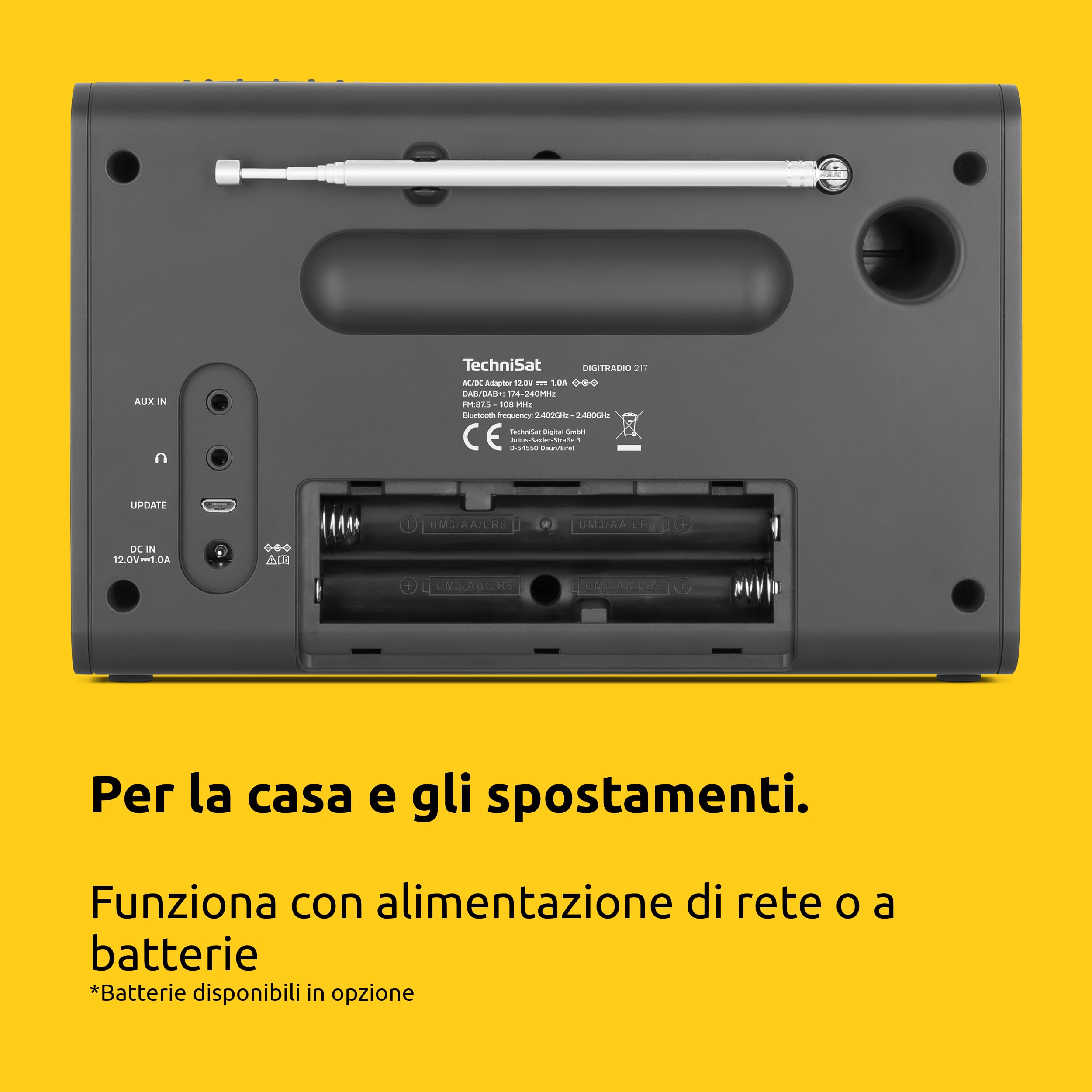 TechniSat DIGITRADIO 217 – Radio digitale DAB+ compatto e portatile (FM, display a colori, Bluetooth, tasti diretti, rete/batterie, doppia sveglia, memorie preferiti) nero