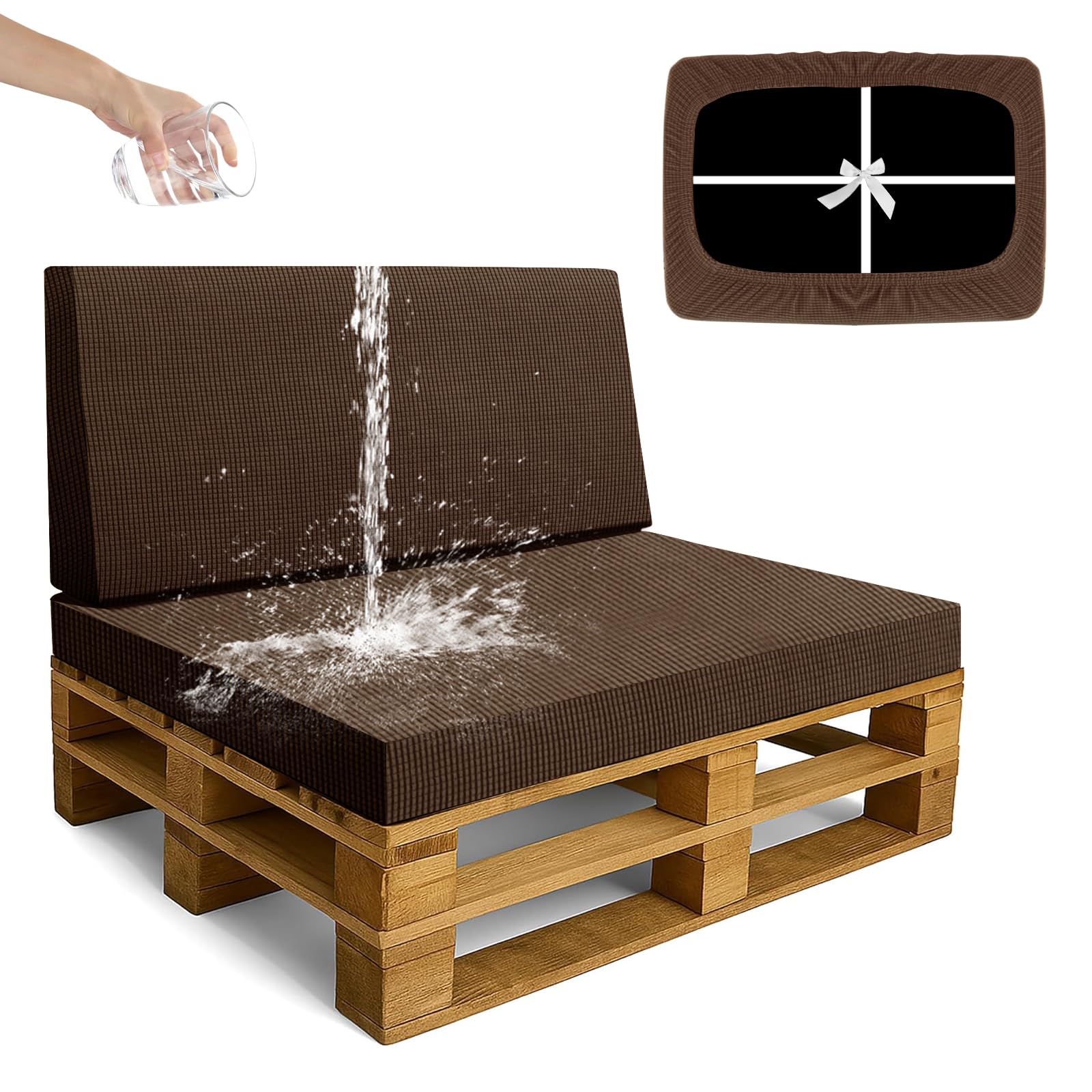 SYLC Waterproof Pallet Cushions Covers, Stretch Cover for Pallet Furniture Cushions with 4 Ties, Outdoor Corner Sofa Covers for Rattan Patio Garden Caravan (Caramel,2 PCS(1 Seat+1 Back))