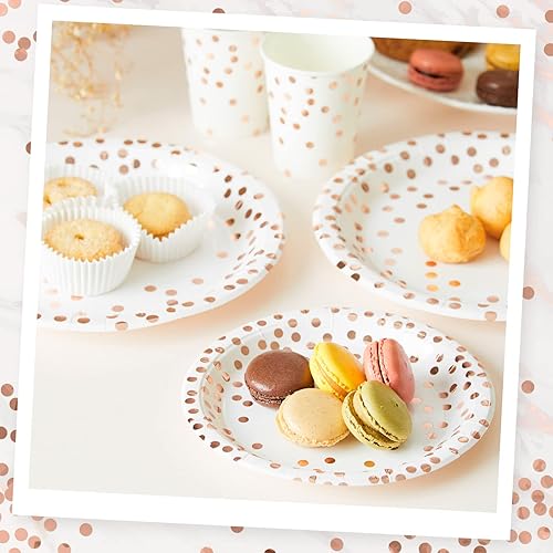 Miniatura 9 de MATICAN Platos de papel para fiestas, paquete de 50 platos desechables de oro blanco y rosa, lunares de aluminio, 9 pulgadas