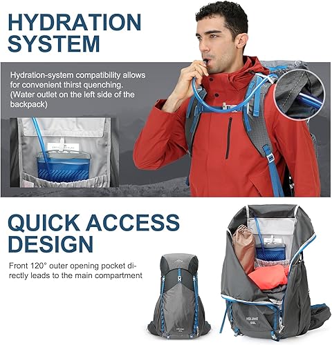 Miniatura 6 de IX INOXTO Mochila impermeable de 55 L con marco interno para senderismo y campamento con bolsa de agua de 3 litros y cubierta para lluvia, mochila