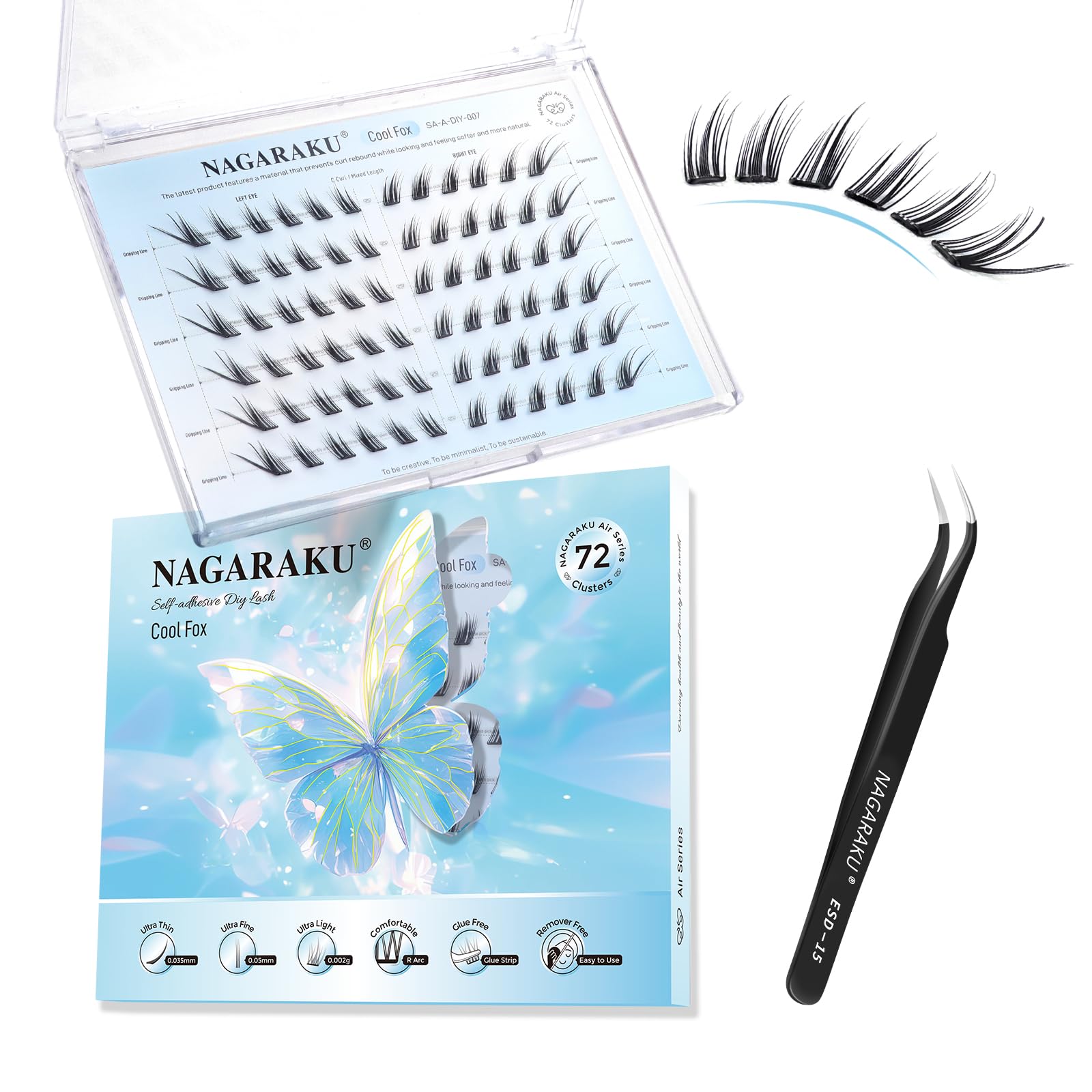 NAGARAKU Ciglia Autoadesive A Pressione con Pinzette 72 Fans Monopezzo Sottili Senza Colla Né Remover Pre-Glue Riutilizzabili Dall'aspetto Volo Obliquo Eyelash con Effetto Eyeliner (C Curl Cool Fox)