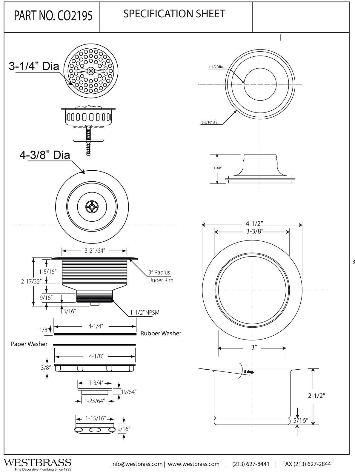 Westbrass CO2195-26 - Paquete combinado de 3-1/2 pulgadas con tuerca de mariposa estilo torcido, colador de cesta grande y cuello extra profundo para fregadero de cocina, brida de eliminación de