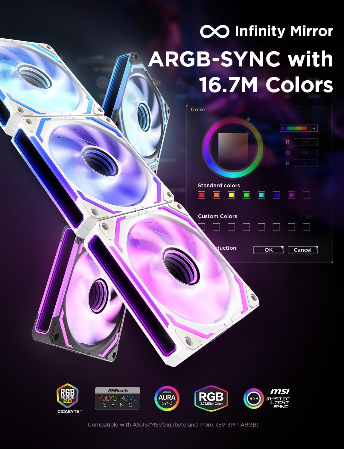 AsiaHorse COSMIQ wentylator do komputera RGB 120 mm, wentylator obudowy ARGB Daisy Chain PC [Infinity Mirror] [FDB] 2000 RPM/68,5 CFM/24 diody LED 4 piny PWN i 5 V 3-pinowe ARGB z kontrolerem, biały