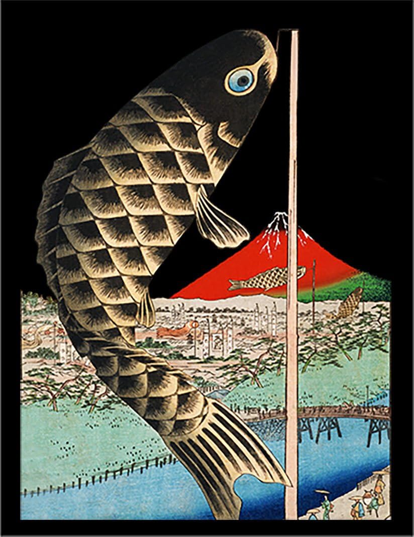 Art Poster - Japanese Carp – Koinobori with Red Mount Fuji Black Glossy Paper (Unframed) A3