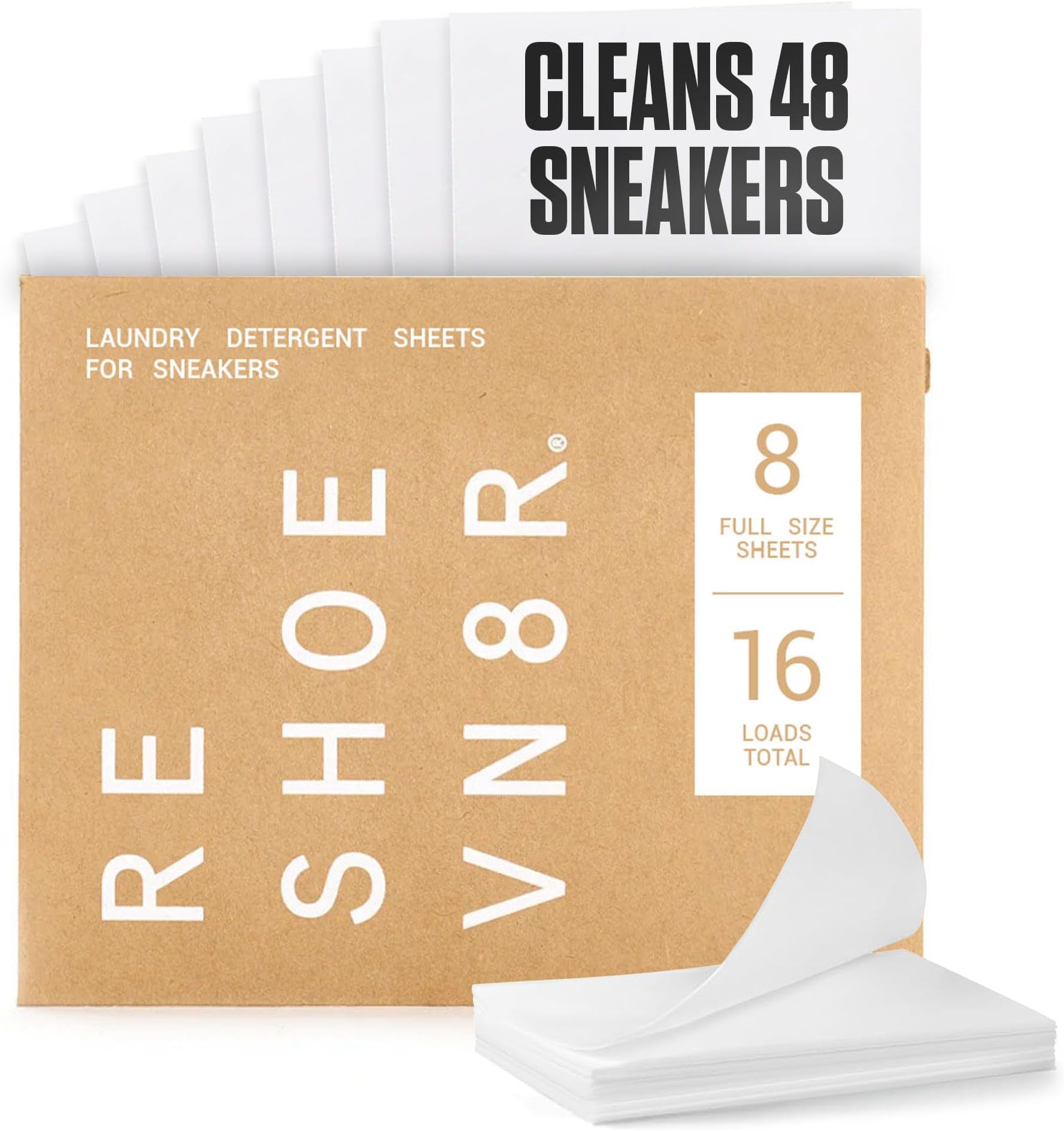 RESHOEVN8R Shoe Wash Detergent Sneaker Laundry Sheets โ 16 Loads, Cleans 48 Shoes โ Eco-Friendly Shoe Cleaner for Washer โ Safe on All Shoes, Laces and Other Shoe Materials