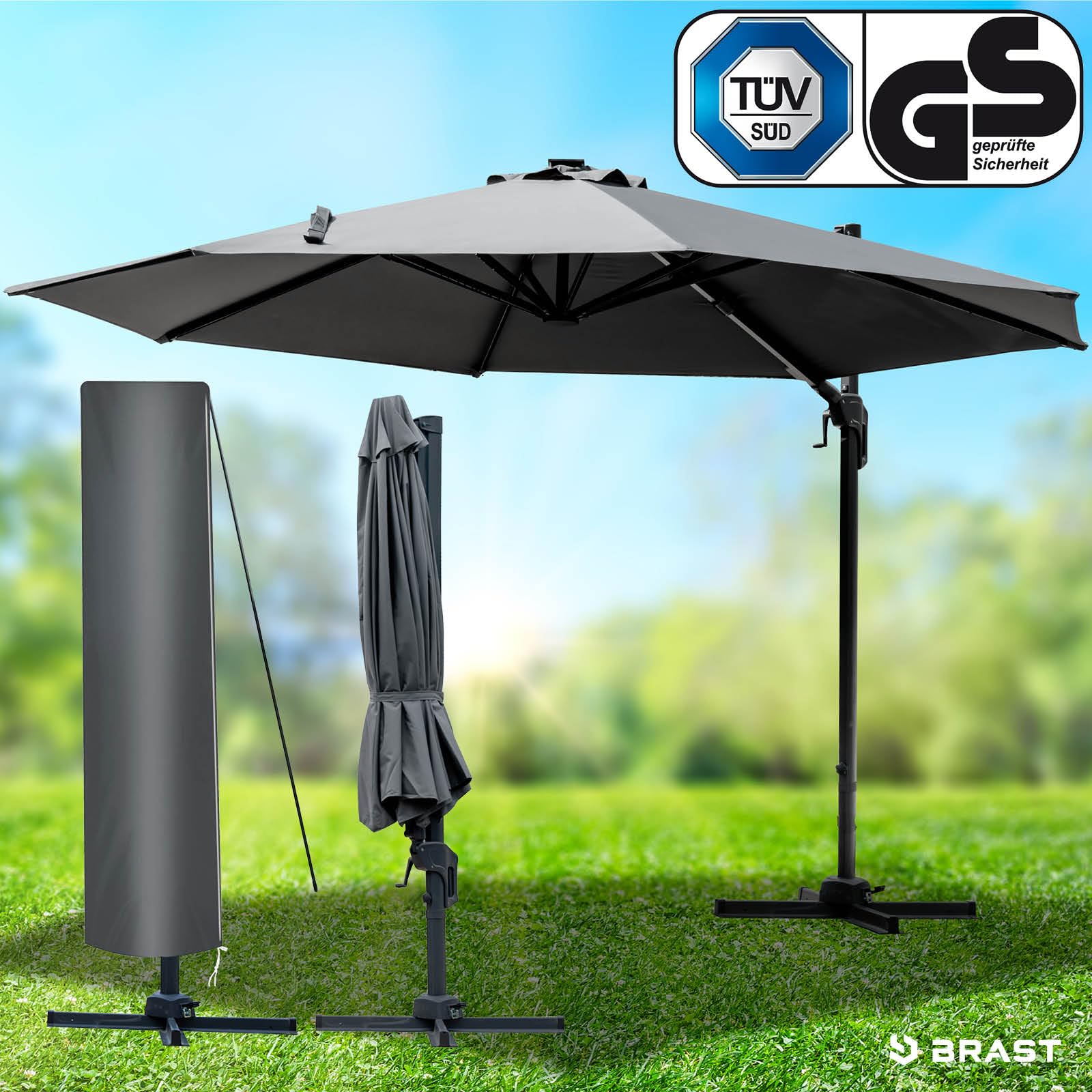 BRAST Alu Sonnenschirm Ampelschirm | Ø300cm Grau | TÜV geprüft | viele Modelle | Schützhülle | UV-Schutz 50+ | wasserabweisend | drehbar & höhenverstellbar