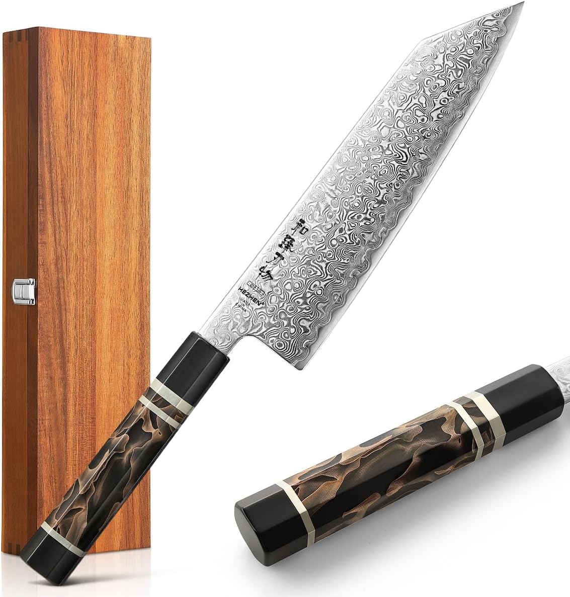 HEZHEN Kiritsuke Knife, 8.5 Inches, 49 Layers Damascus ZDP-189 Steel Japanese Chef Knife, Ultra Sharp Blade, Lightweight Handle, Acacia Wood Box Packing