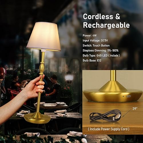 Miniatura 5 de Cordless Table Lamp Portable Small LED Touch Lamp with Dimmer, 18" 2700K Rechargeable Battery Light for Bedside, Dining Room, Bedroom Lamp, Patio,